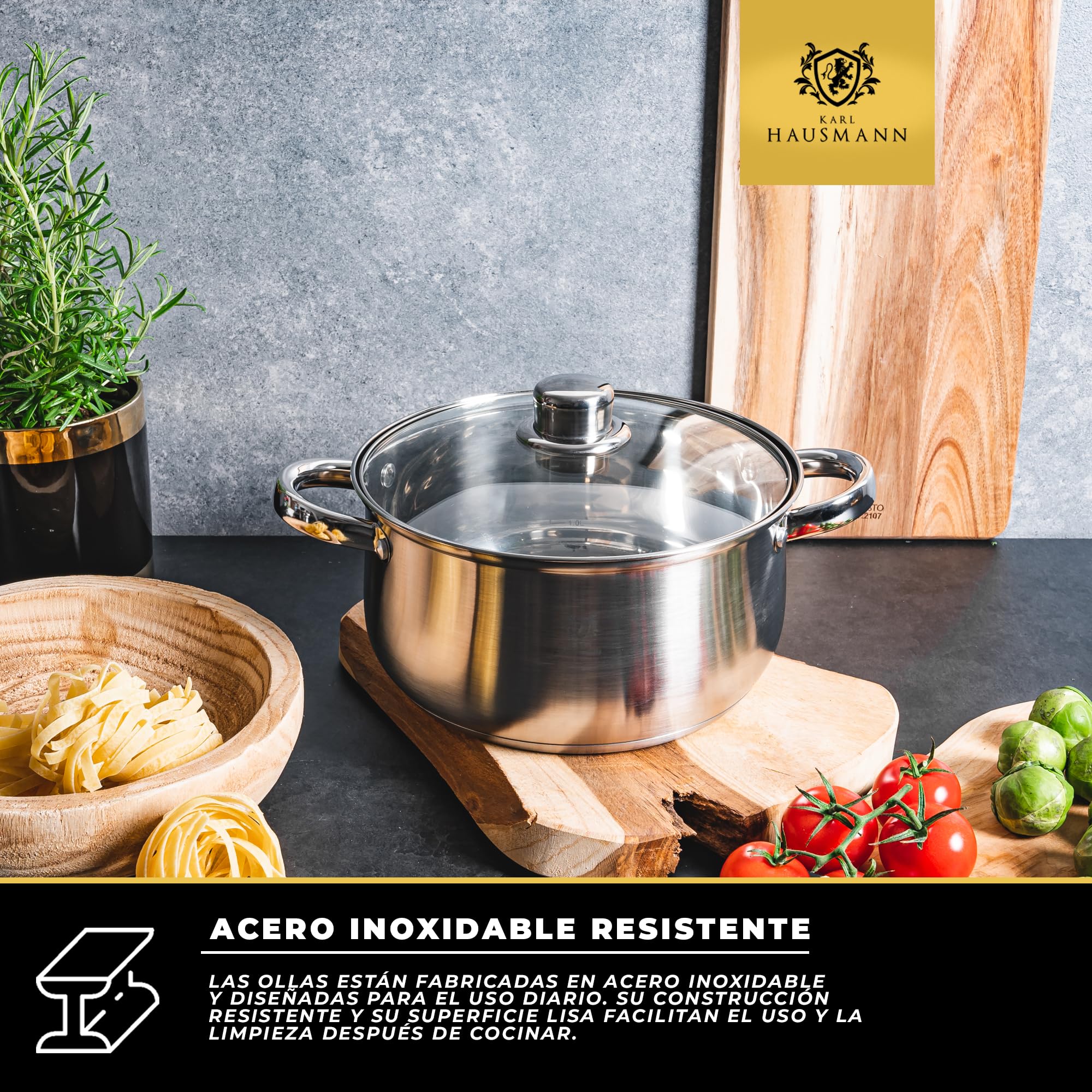 KARL HAUSMANN Bateria Cocina Acero Inoxidable con Tapa de Vidrio - Juego de 3 Ollas para Inducción, Fondo Multicapa, Válidas para Todo Tipo de Cocinas, Aptas para Lavavajillas