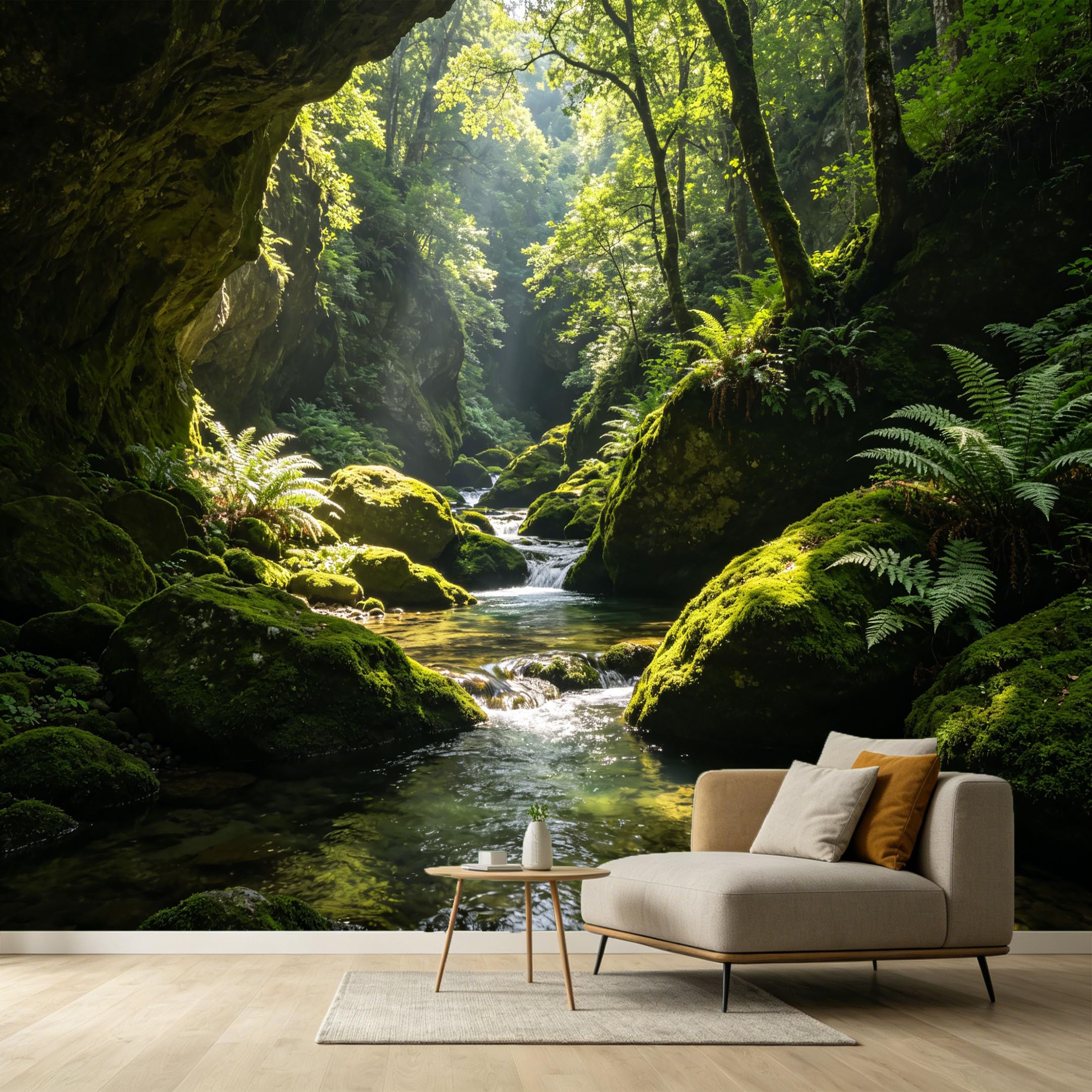 Custom Size Wall Murals Forest Landscape Sunlit Stream Mossy Rocks Ferns 3D Nature Scene SelfAdhesive Wall Fabric Removable Large Wallpaper for Photo Living Room