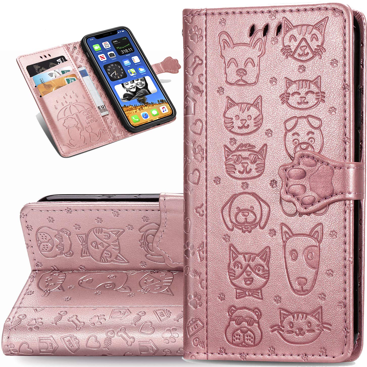 ZYZX Fit for iPhone 12 6.1" Cartoon Girl Wallet Case, Cat Dog Style Flip Phone Shell with Credit Cards Slot and Stand Shockproof Magnetic Protective