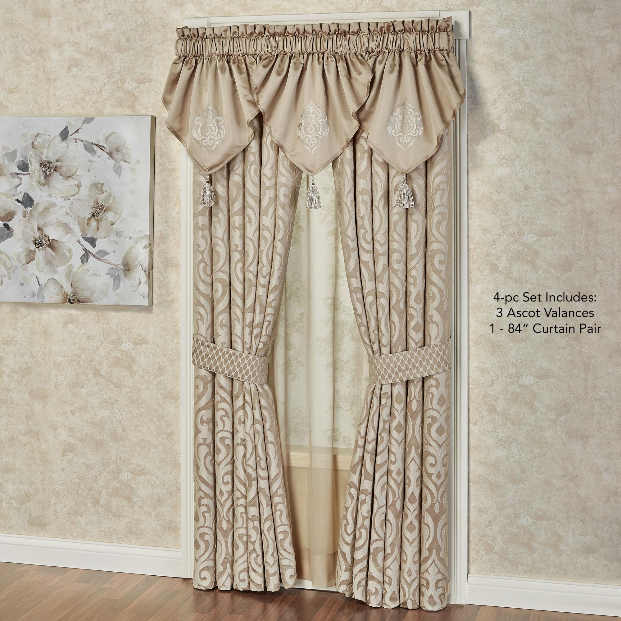 Davenport Luxury Window Treatments | Neutral Sand and Beige | Jacquard-Woven Puff-Textured Scrollwork Medallion Curtains | Drapery Set Includes 3 Embroidered Ascot Valances & 84L Lined Curtain Pair