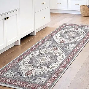 OPPODREAM Soft Entryway Rug 2x6, 2x6 Rug Runner, Washable Hallways Carpet 2 x 6 with Non Slip Backing, Low-Pile Bedside Carpet 2 x 6, Long, Faux Cashmere, Red & Grey