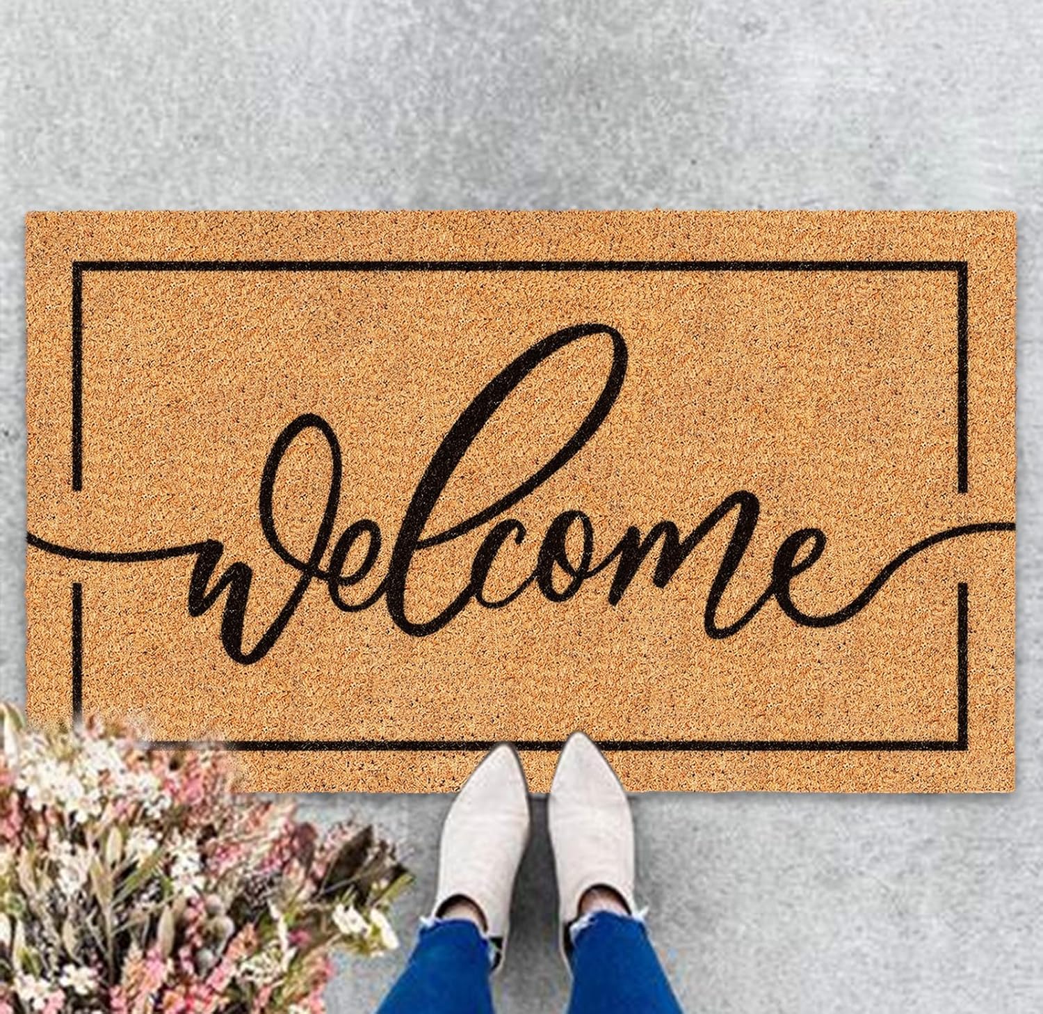 JarThenaAMCS Welcome Mat Natural Coir Door Mat Rustic Brown Welcome Floor Mat with Black Border Thick Doormat Non-Slip Entrance Door Rugs for Front Door Entry Indoor Outdoor Decor, 16.5 x 29 Inch