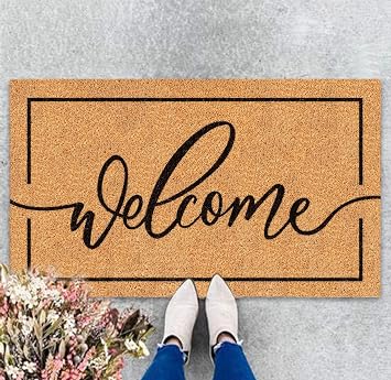 JarThenaAMCS Welcome Natural Coir Doormat with Black Border, 16.5 x 29.1 in | Rustic Brown, Non-Slip, Floor Mat, Entrance Door Rug, Indoor Outdoor Home Bathroom Decor