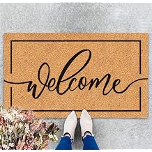 JarThenaAMCS Welcome Mat Natural Coir Door Mat Rustic Brown Welcome Floor Mat with Black Border Thick Doormat Non-Slip Entrance Door Rugs for Front Door Entry Indoor Outdoor Decor, 16.5 x 29 Inch