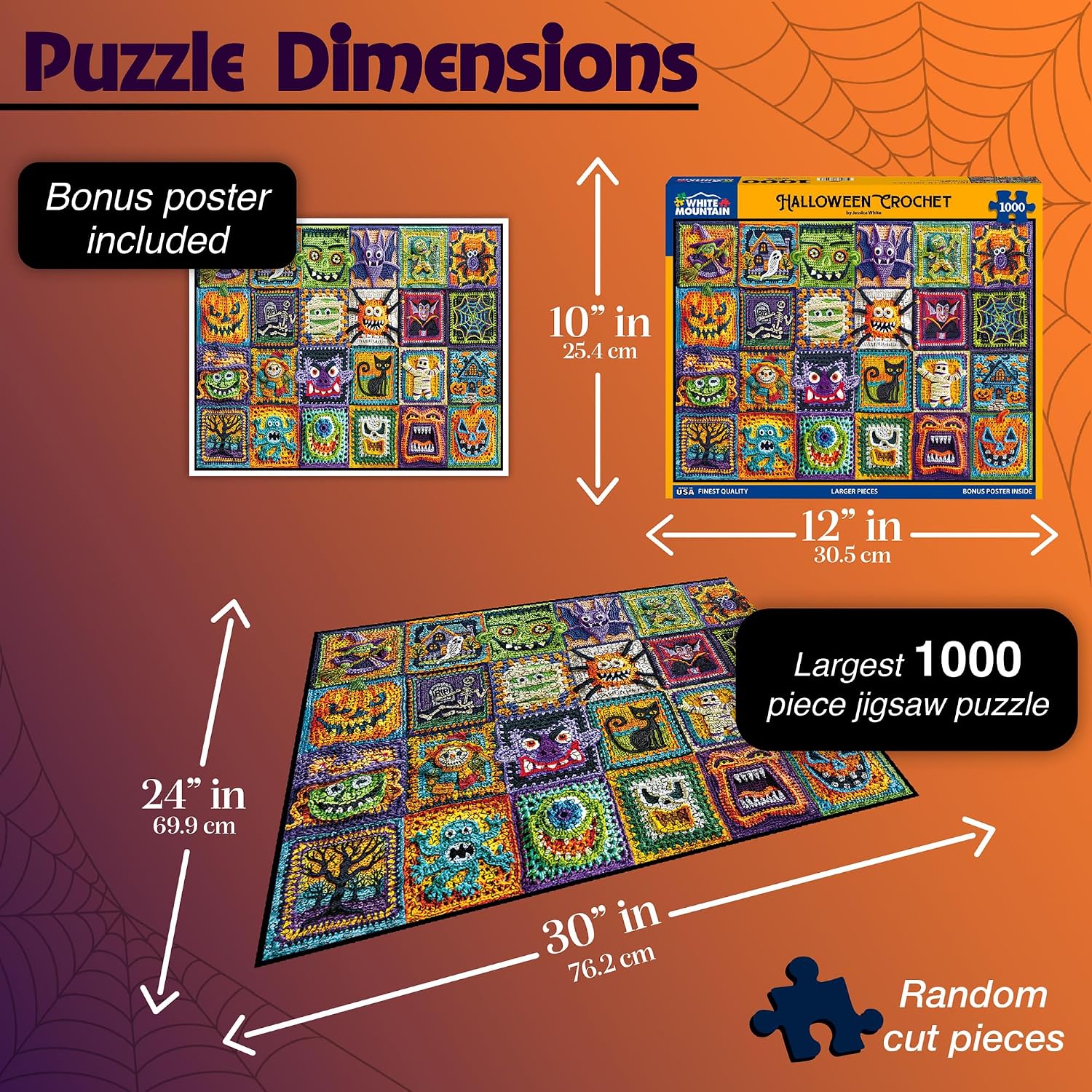White Mountain 1000 Piece Jigsaw Puzzle Spooky Monster Collage Puzzles with Large Pieces Gift for Adults and Family 24"x30" - Halloween Crochet
