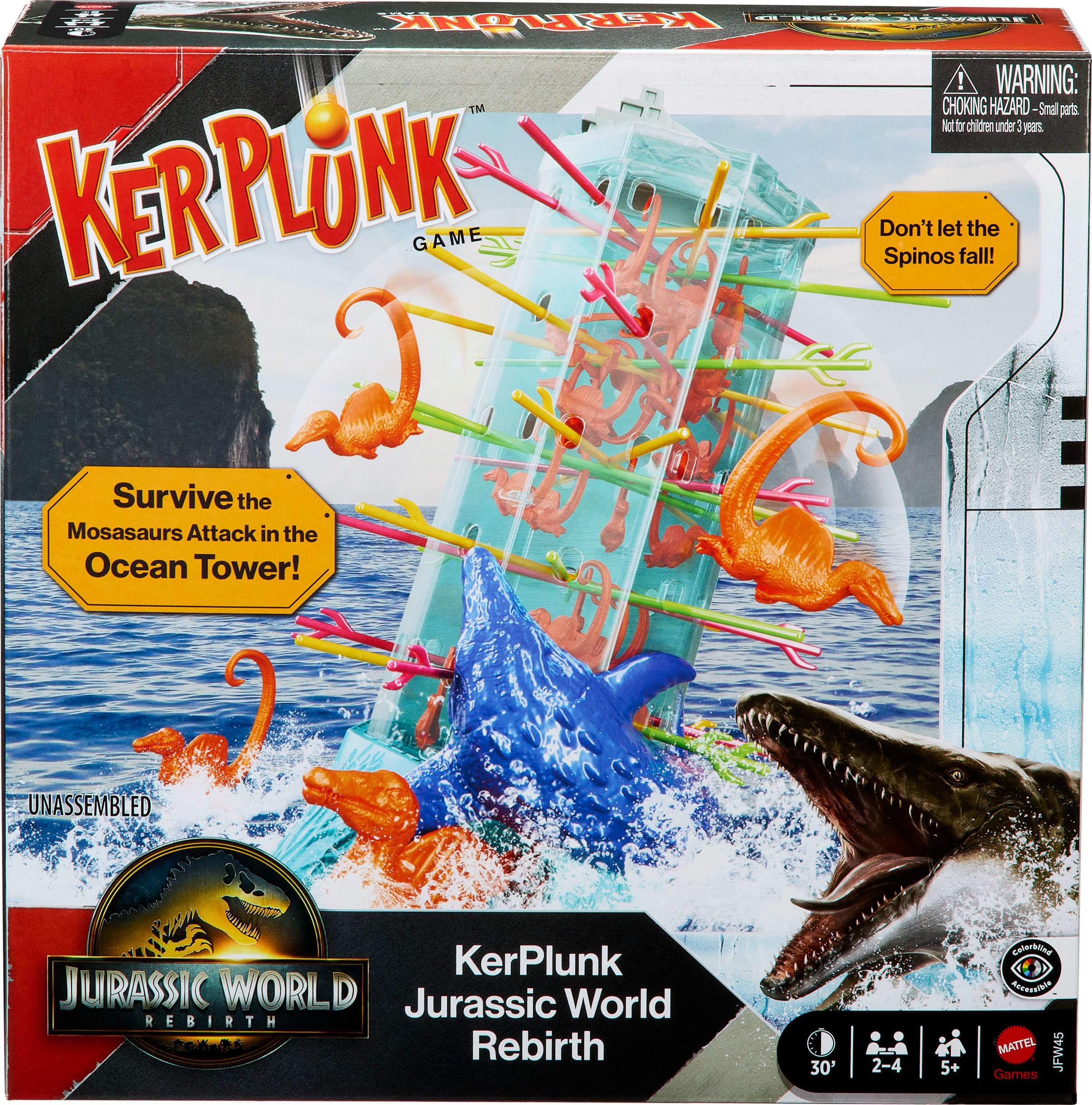Mattel Games Kerplunk Jurassic World Rebirth Game for Kids & Family with Ocean Tower and Spinosaurus Figures Inspired by The Movie.