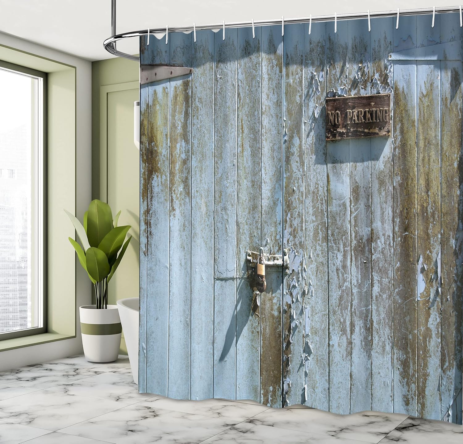 Ambesonne Industrial Shower Curtain, Grungy Old Rotting Garage Door with No Parking Sign Rusty Aged, Cloth Fabric Bathroom Decor Set with Hooks, 69" W x 70" L, Olive Green