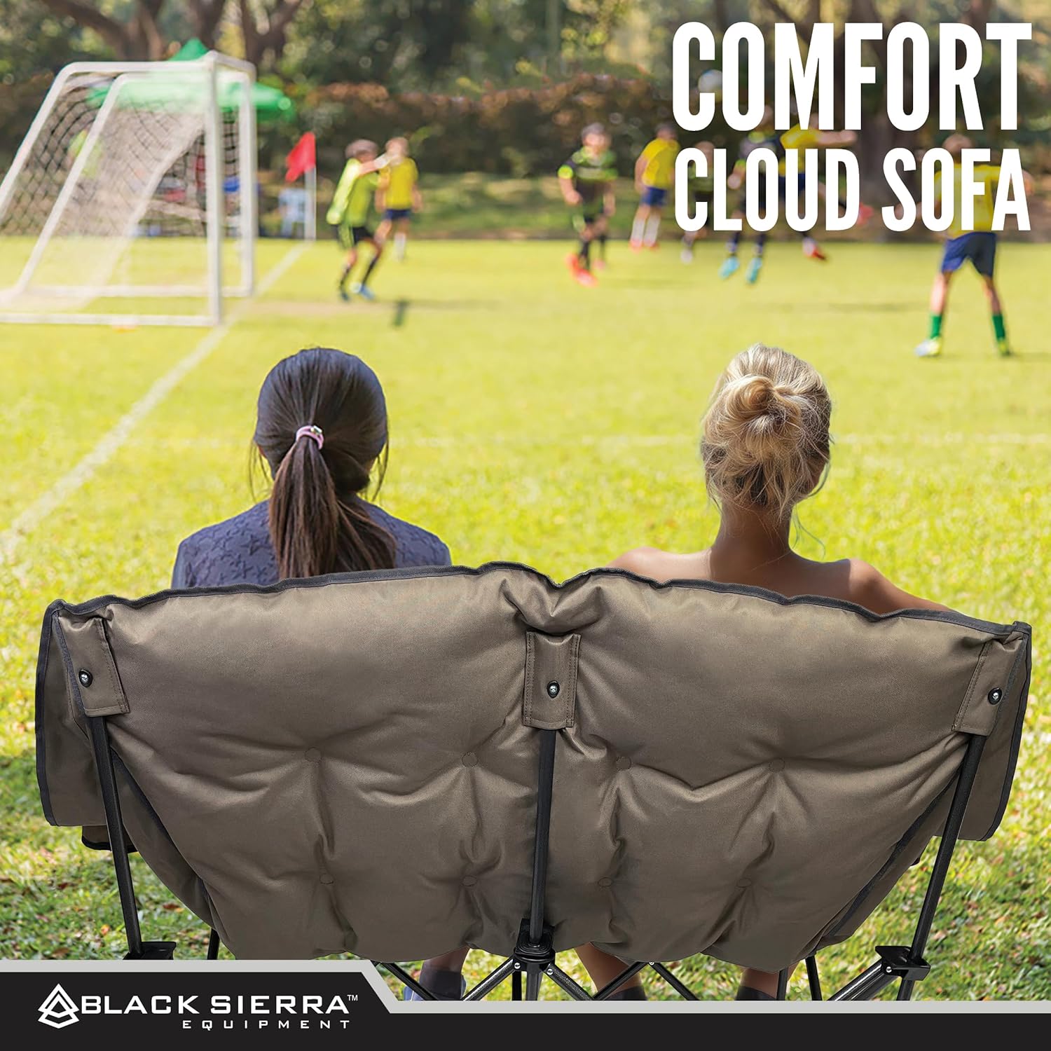 Black Sierra Double Loveseat Comfort Camping Couch, Oversized Folding Chair for Adults, 600‑lb Capacity, Plush Padded Heavy Duty Outdoor Seat with Cup Holders & Carry Bag for Beach, RV | Double loveseat, 600 lb capacity, Padded comfort, Outdoor ready, Cup holders, Carry bag incl