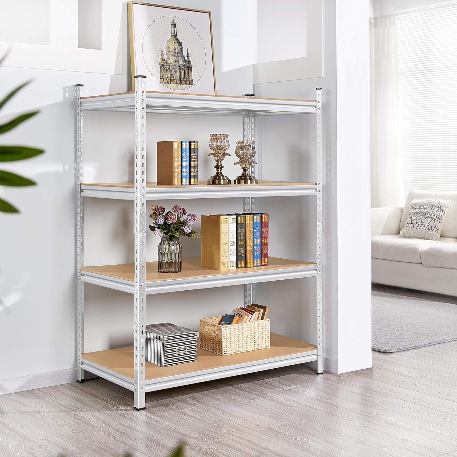 Yaheetech 4-Tier Garage Shelves Adjustable Metal Shelves, Heavy Duty Shelving Units, Large Capacity Utility Shelves, 44"L x 23.6"W x 59"H, Silver - - 