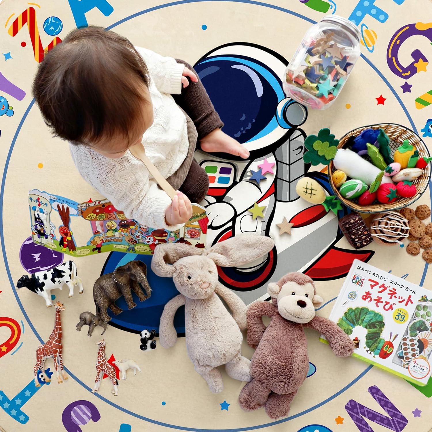 Washable Alphabet ABC Round Rug 3.14ft, Kids Astronaut Space Circle Carpet, Soft Non-Slip Educational Area Rug for Classroom, Playroom & Kids Room Decor, Blue