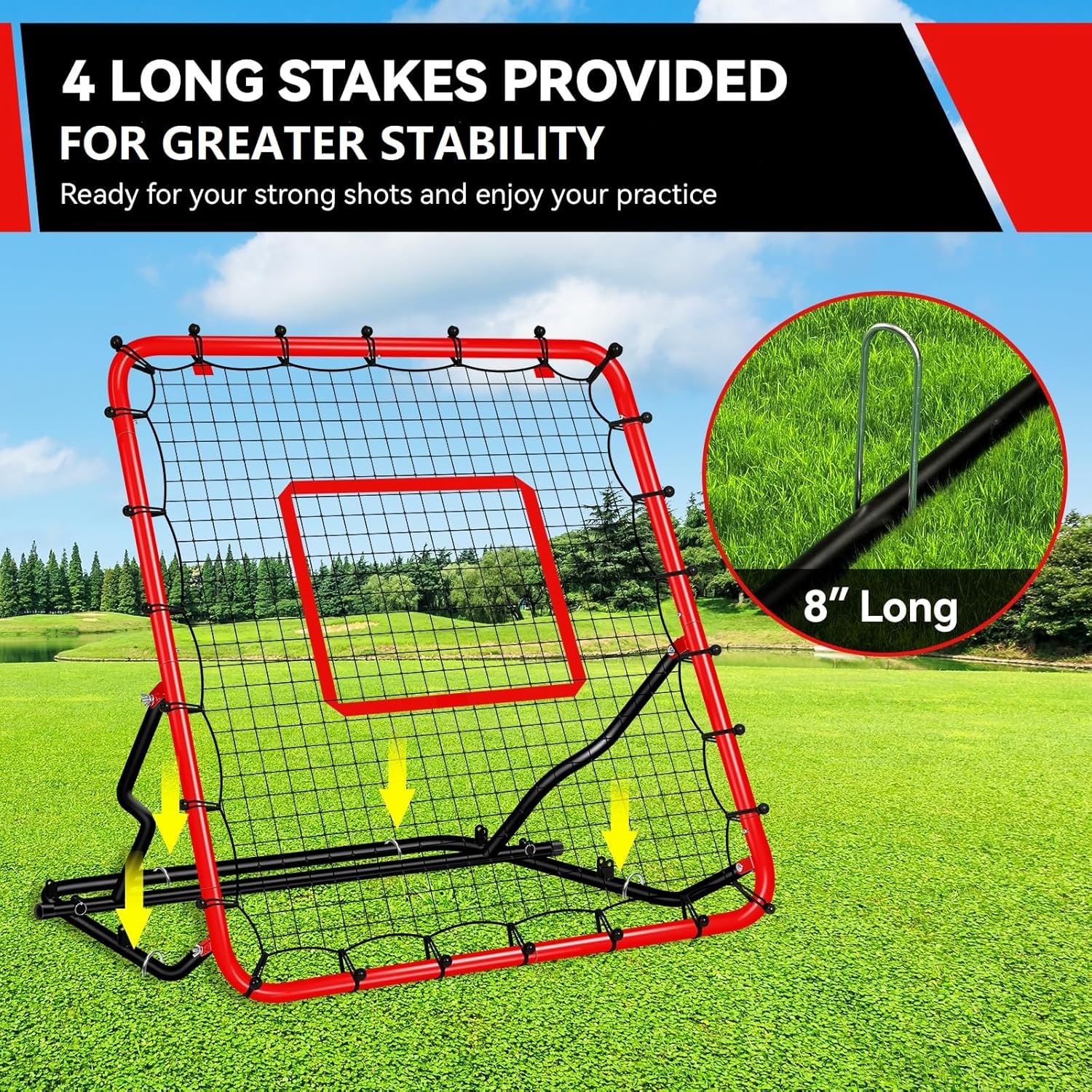 Baseball Rebound Net 48"x52" Bounce Back Net with 3 Adjustable Angles, Easy Storage Baseball Fielding Trainer with 4 Stakes, Volleyball Softball Pitch Back Rebounder for Indoor Outdoor