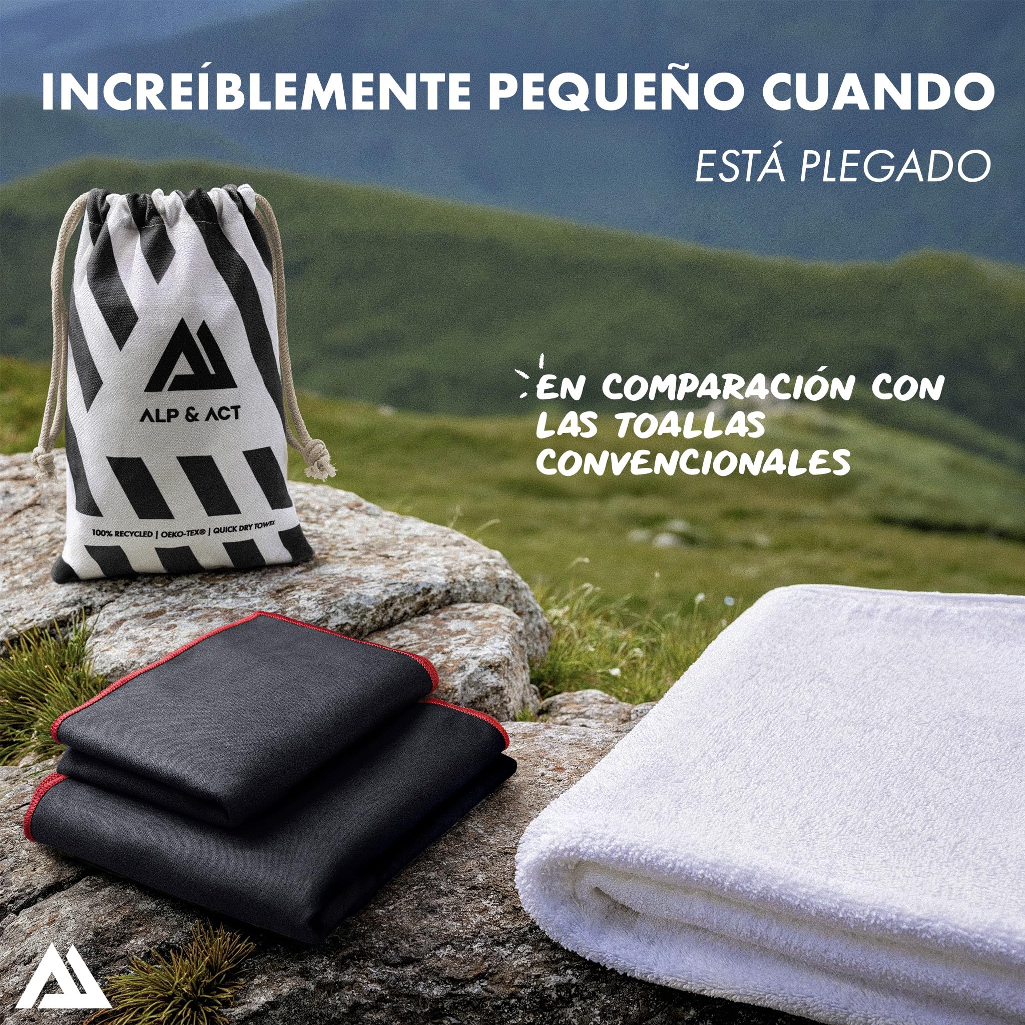 ALP & ACT Toallas de Microfibra Set de 2-100% recicladas - Extra COMPACTAS y ultraligeras - 150x70 cm + 100x50 cm - Toalla de Viaje, de Playa y para Deporte - Paños Incluye Bolsa - Negro