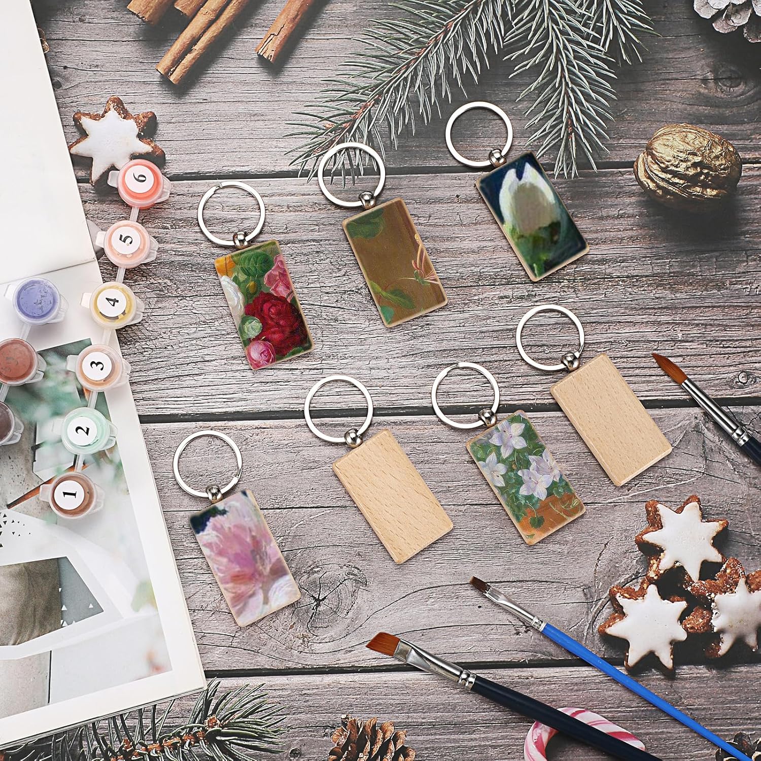 JUXYES 200 PCS Unfinished Wooden Keychain Blanks for Engraving, Wood Engraving Blanks Key Chain, DIY Rectangle Wood Keychain Tags Unfinished Wooden Key Ring Key Tag