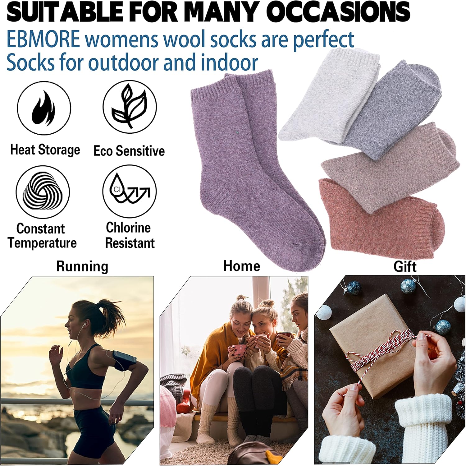 Warm Non-Binding Merino Wool Diabetic Thermal Socks, 6 Pairs, Assorted - View #9