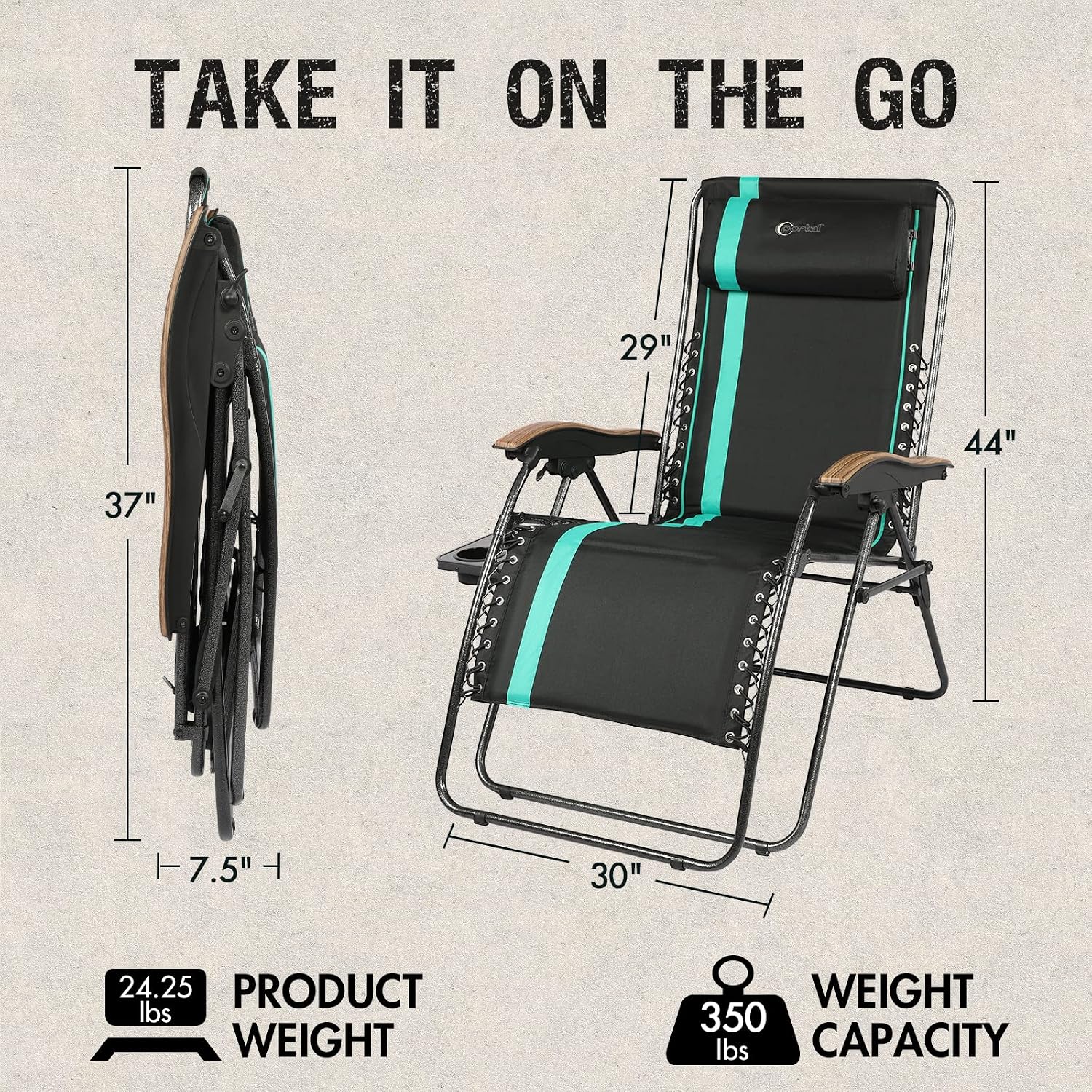 PORTAL Zero Gravity Chairs Oversized XL Padded Recliner Patio Lounge Chair Adjustable Outdoor Camping Chairs with Cup Holder, Support 350lbs
