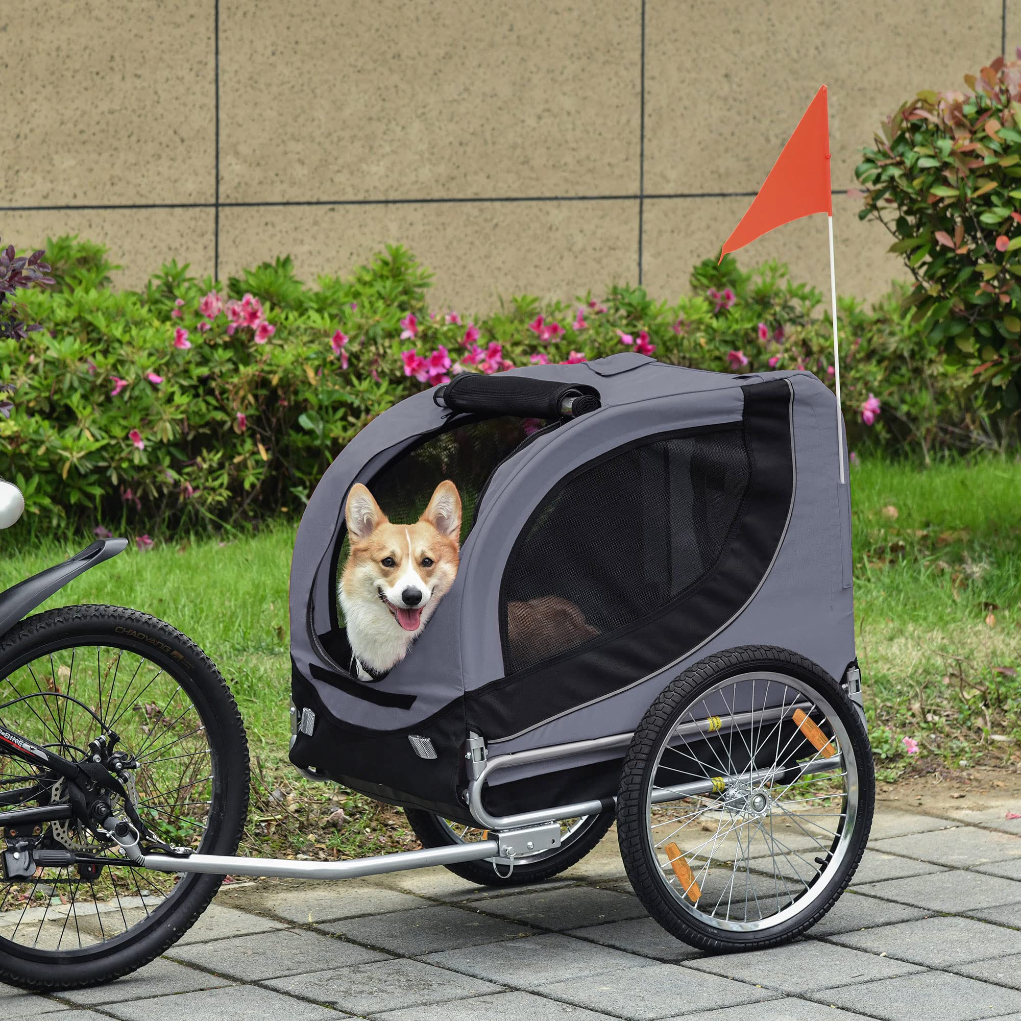 PawHut Hundeanhänger Fahrradanhänger für Hunde Hundefahrradanhänger mit Sicherheitsreflektoren, Universal-Fahrradkupplung, Rote Fahne, Hundetransporter bis 20 kg