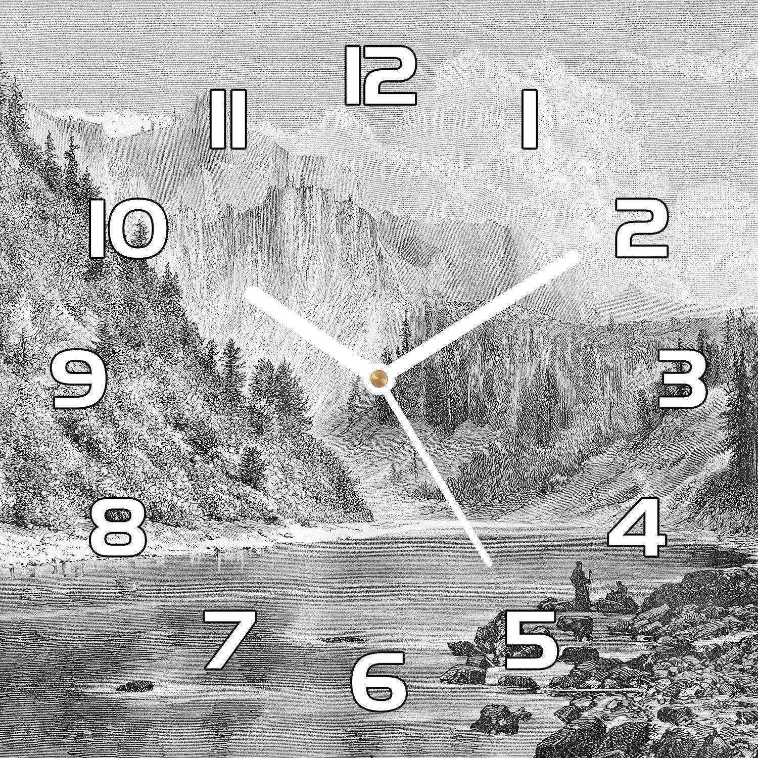 Horloge en verre salon et cuisine motif forêt et colline 30x30 cm