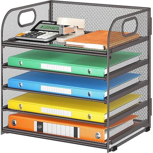 Lavatino 5 Tray Desk File Organizer, Mesh Paper Sorter Letter Tray Organizer with Handle, Desktop File Organizer and Storage for Letter/A4 Office File Folder- Grey