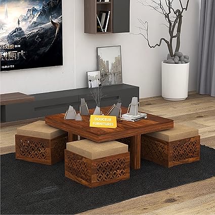 Douceur Furnitures Solid Sheesham Wood Coffee Table with 4 Stool for Living Room, Guest Room, Cafe || Solid Sheesham Wood Coffee Table || Wooden Coffee Table ||