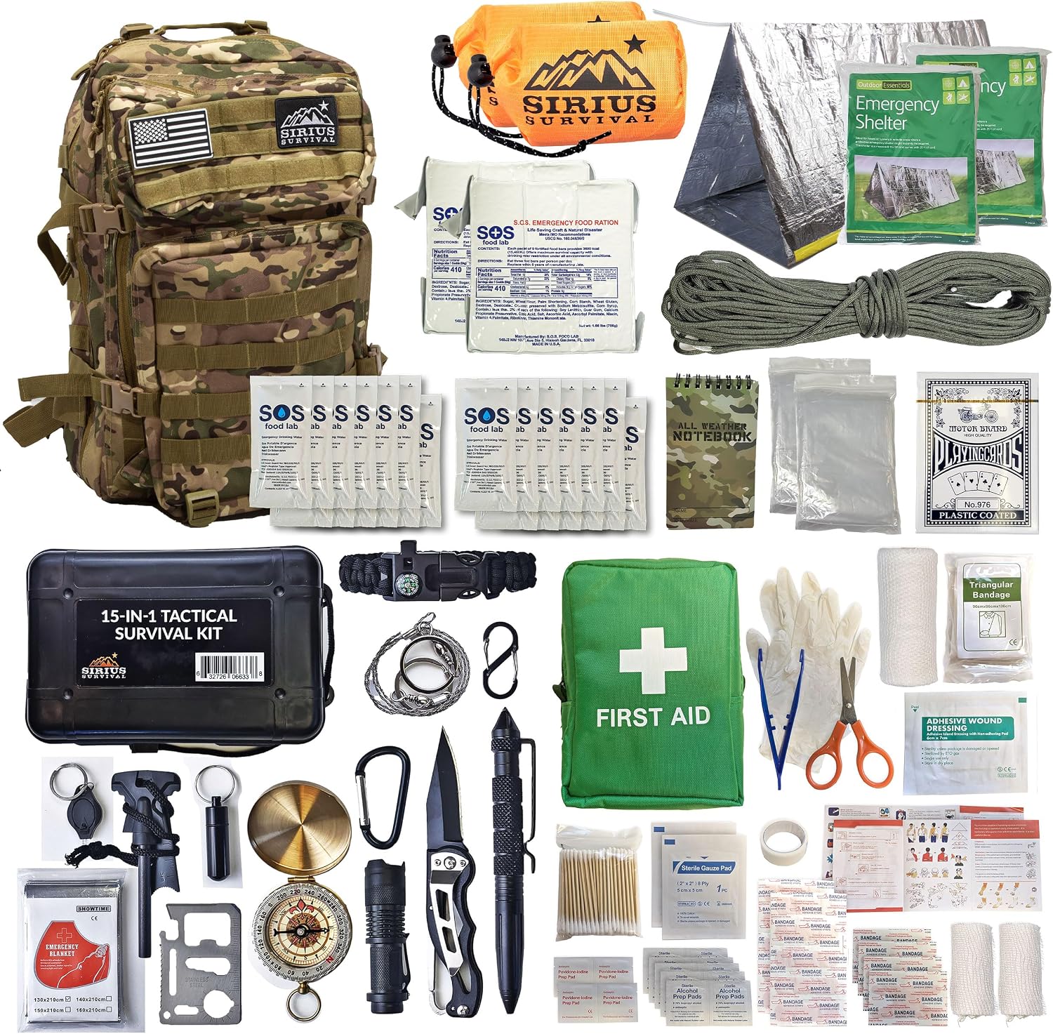 Sirius: Bug Out Bag Starter Kit - 72 Hour Kit for 1 Person – Backpack Survival Kit – 50L Tactical Backpack, US Made Food & Water, Medical Supplies & Survival Tools