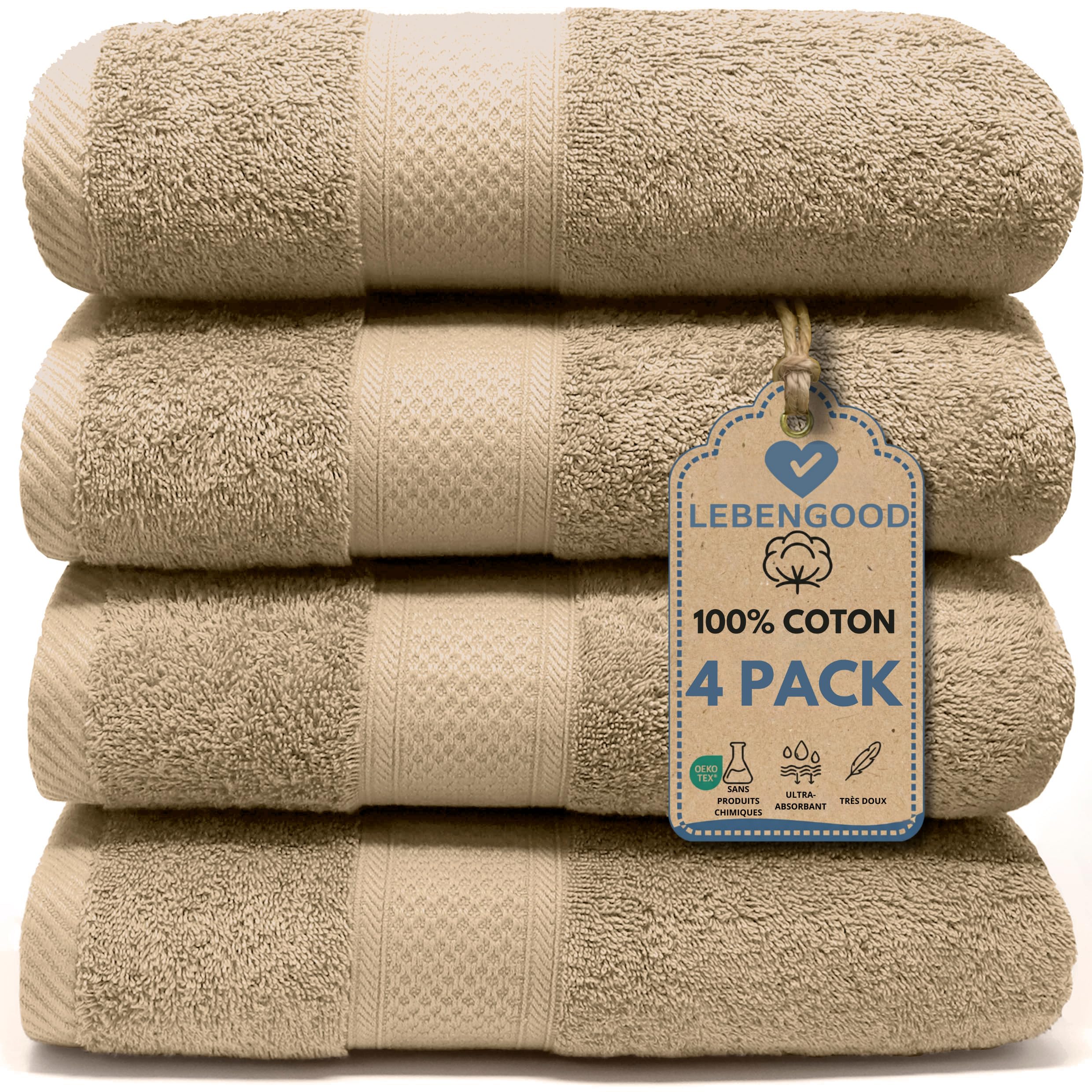 Serviettes de toilette 50 x 90 LEBENGOOD lot de 4 draps de bain en éponge 100% coton