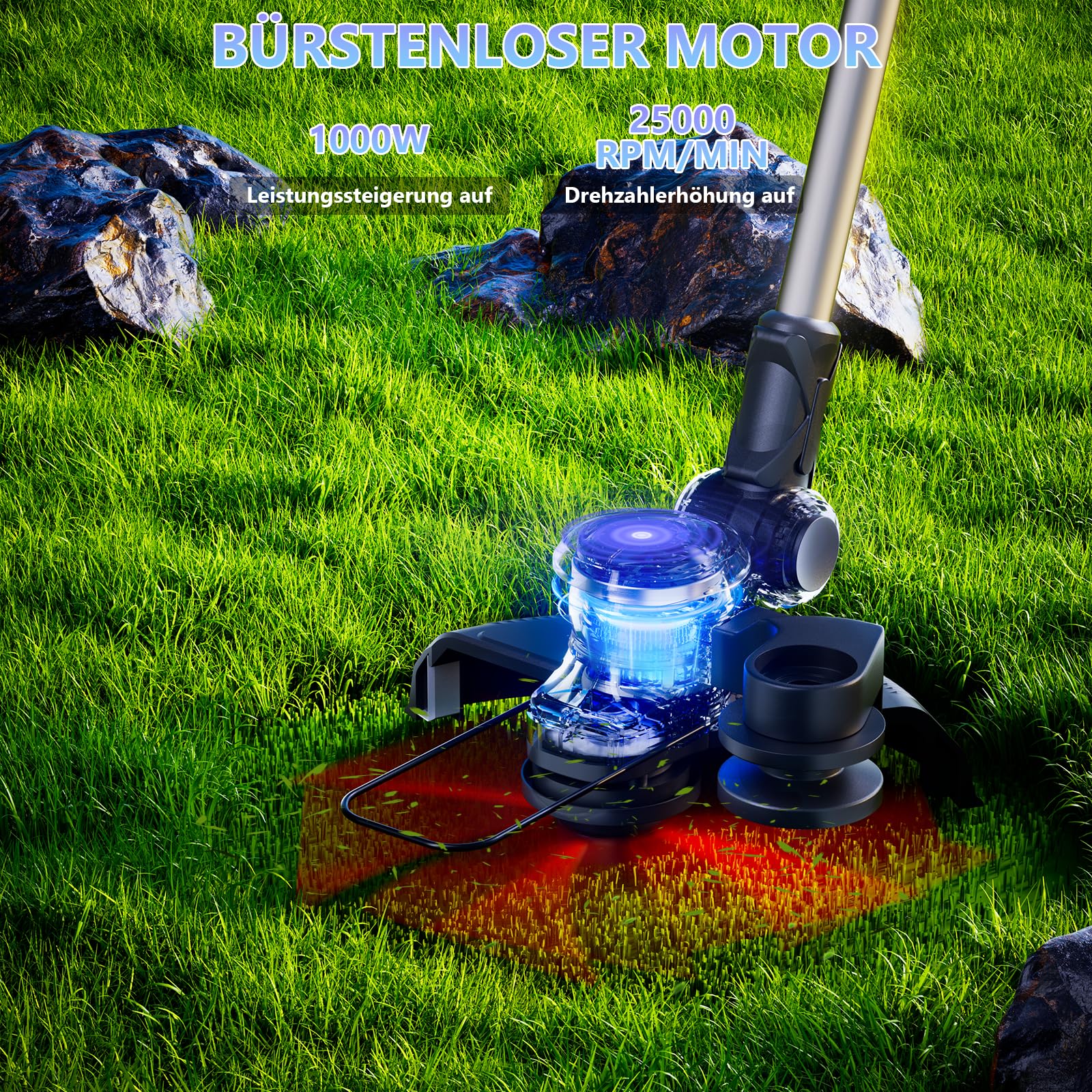 Rasentrimmer 4-in-1-Rasentrimmer, mit Akku 2 x 4000mAh, Ladegerät | 1000W Bürstenloser Motor, 90° drehbarer Trimmerkopf, Flüssigkristallanzeige, Teleskopstiel