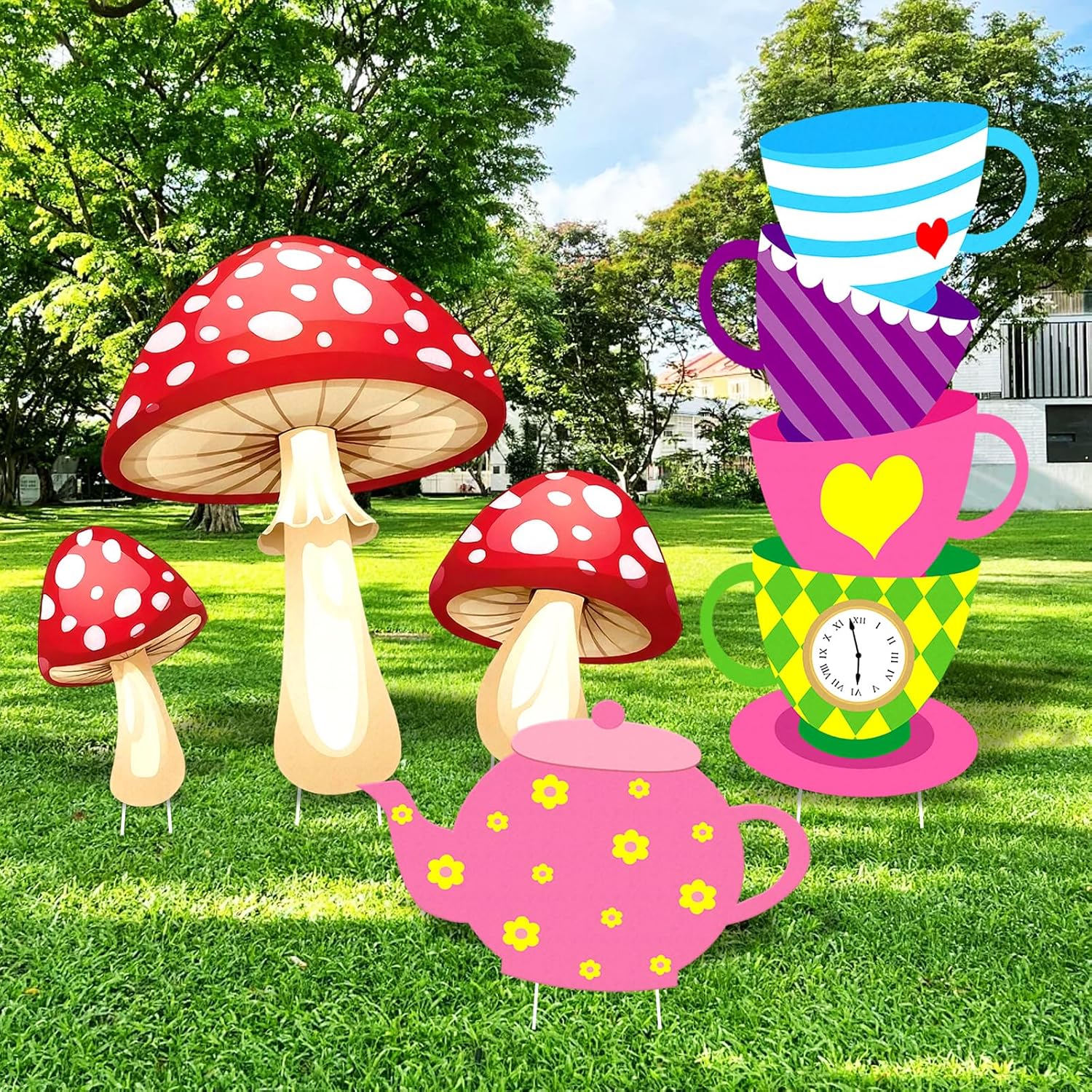 Tea Party Decorations Wonderland Party Yard Decor Garden Tea Yard Stakes Stacked Teacups Teapot Mushroom with Brackets Large Lawn Garden Sign