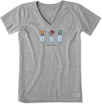 Life is Good Womens Crusher T-Shirts, Short Sleeve Cotton Graphic Tee Shirt, Floral Jars