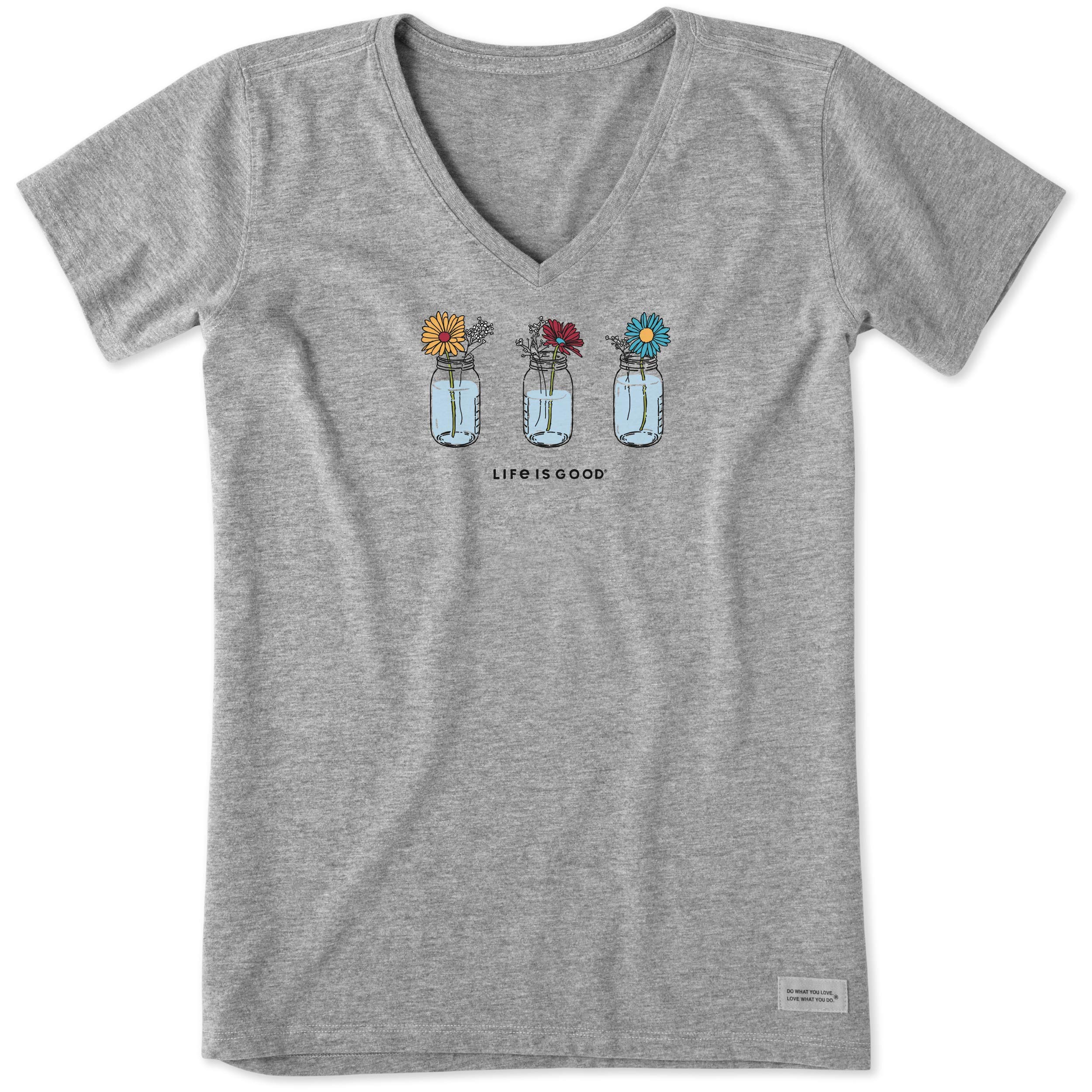 Life Is Good Women's Crusher Vee T-Shirt Floral Jars Shirt Heather Grey