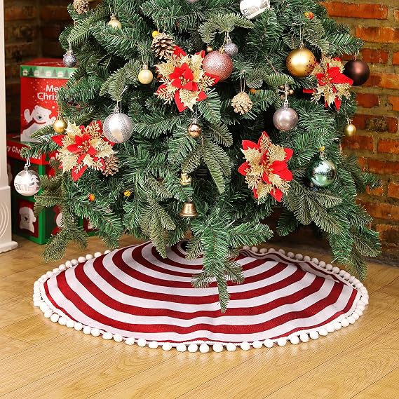 HOHOTIME Christmas Tree Skirt, Red White Annual Rings 30 Inch Tree Skirt with Pom Pom Trim for Holiday Party Xmas Natural Rustic Tree Skirt for Holiday Home Decor