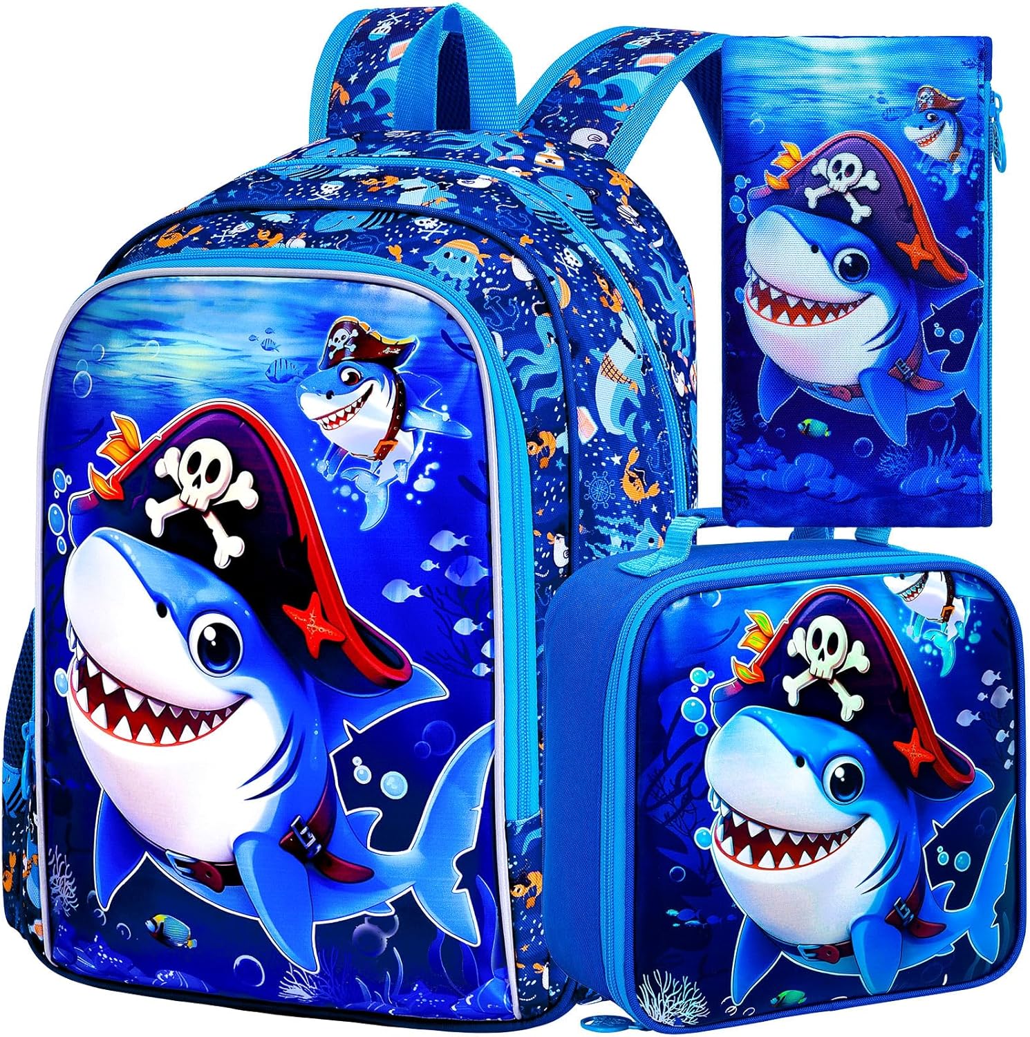 3Pcs Shark Backpack for Boys, 16" Kids Bookbag Set for Elementary Preschool Kindergarten, School Backpacks with Lunch Box(Blue)