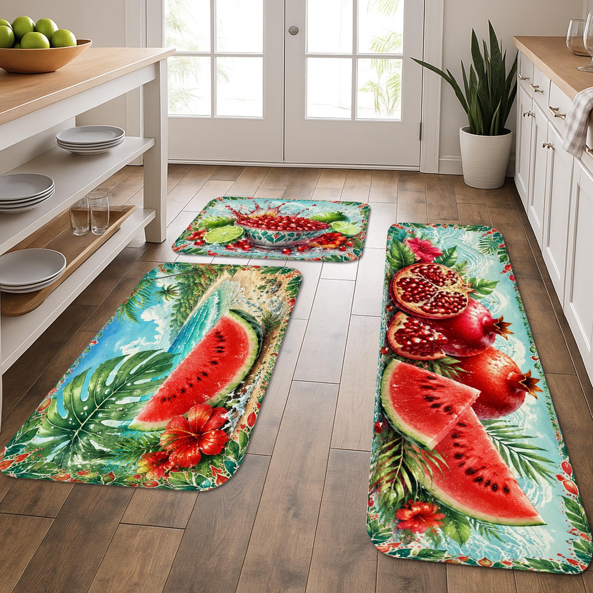 Lot de 3 tapis de cuisine doux motifs tropicaux pour sol et évier