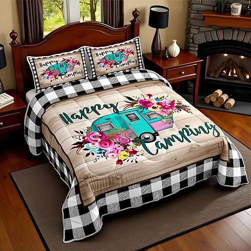 Manfei - Juego de edredón para viajes en RV Happy Travelling de tamaño King, juego de cama para autocaravanas, aventuras en auto, 3 piezas para