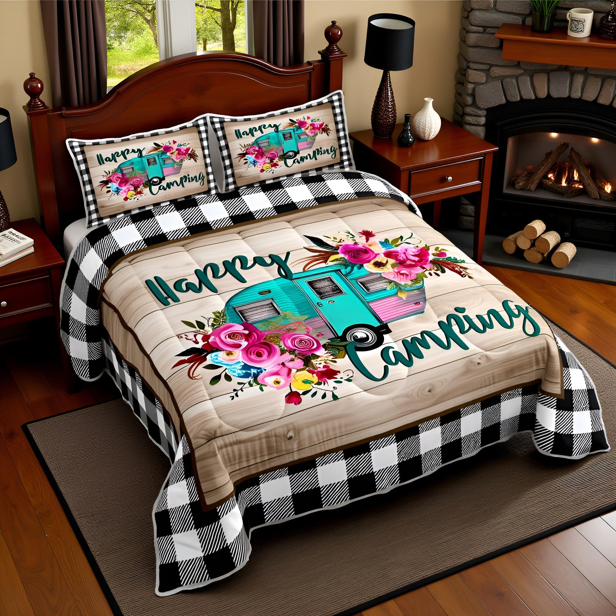 Manfei RV Happy Travelling Comforter Set Full,Camper Adventure Car Bedding Set 3pcs for Kids Teens Adults Trailer Decor,Wooden Plaid Vintage Quilt Set