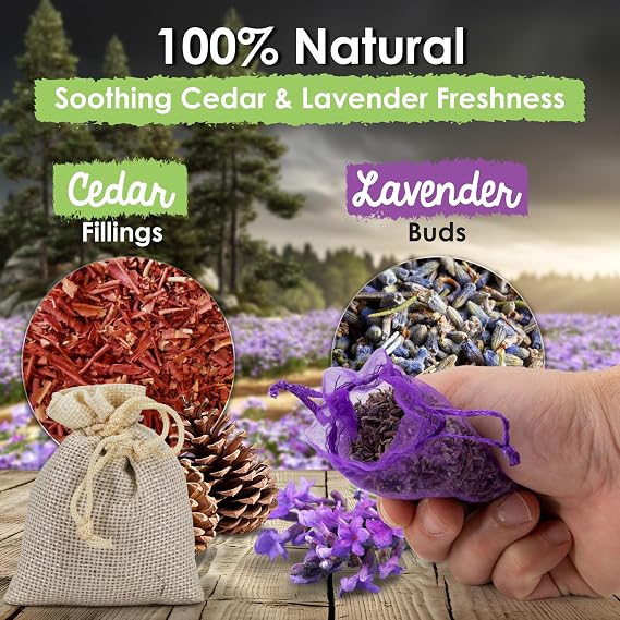 ecoKiwi Cedar and Lavender Sachets for Drawers and Closets - 50 Pack | Natural Cedar Sachets for Clothes Storage - Long Lasting Closet Freshener and Moth Repellent for Wardrobes, Drawers, Linens