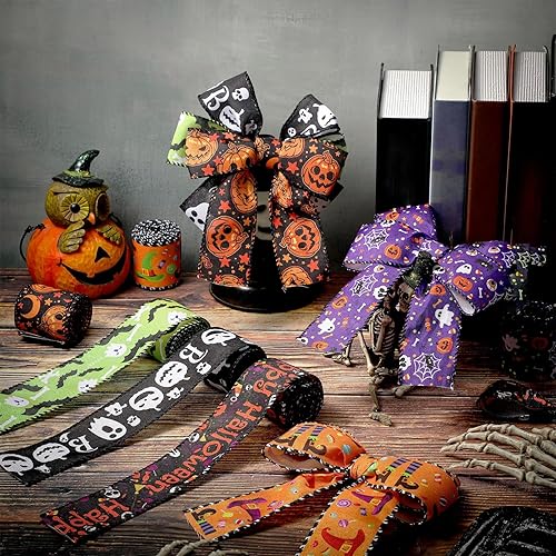 Miniatura 3 de 6 rollos de 30 yardas de cinta de grogrén con borde con alambre de Halloween para coronas, murciélagos, telarañas, estampado de calabaza, fantasma,
