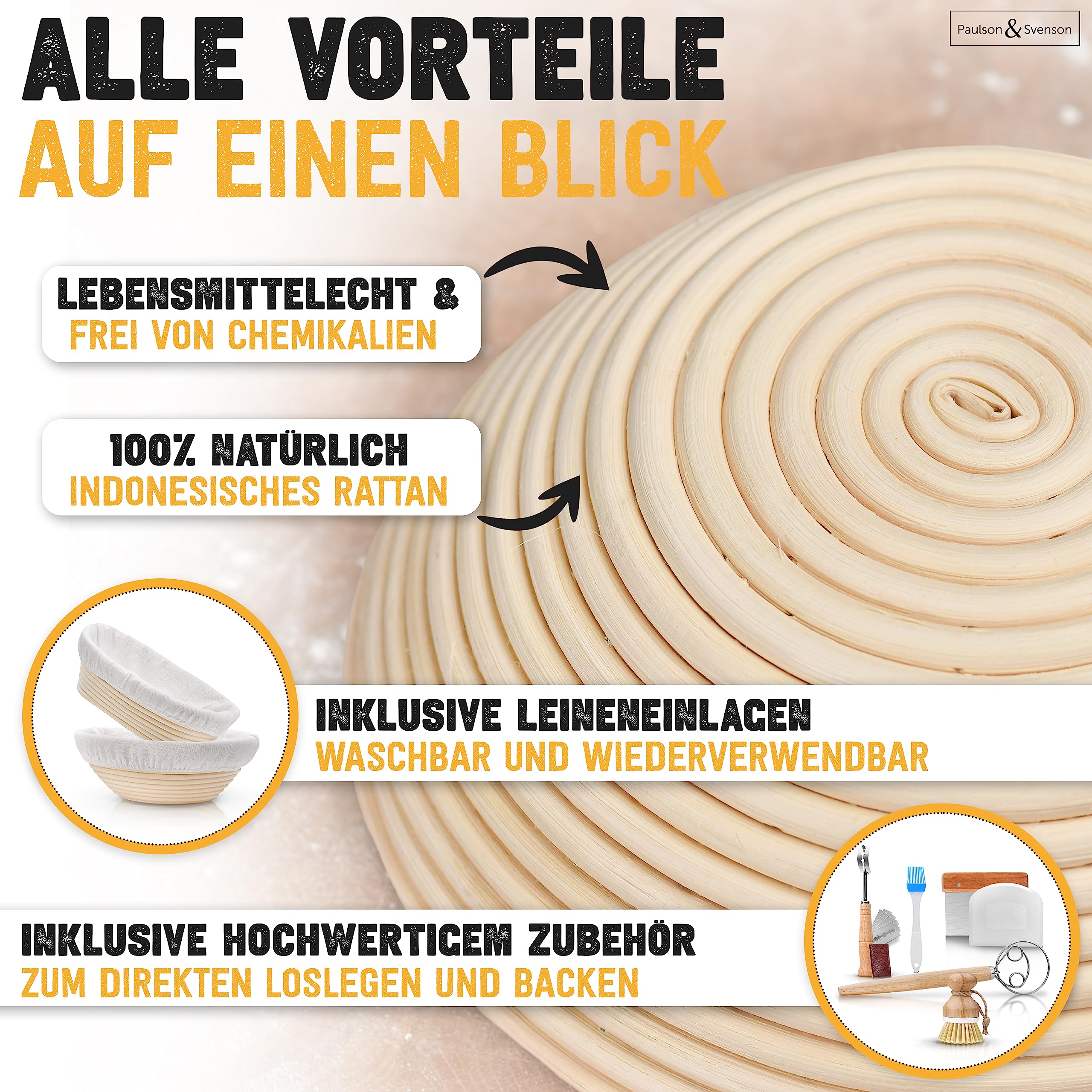 Paulson & Svenson - 2 cestini di lievitazione ovali in set completo per cuocere il pane – 100% rattan naturale – Include frusta, raschietto per pasta, panno di lino, pennello e coltello da forno