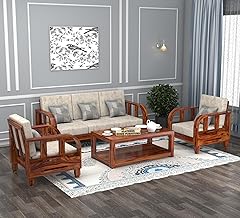 Sheesham Wood Sofa Set Wooden Sofa Set Furniture, Modern Sofa Set, Unqiue Comfort Sofa Set, 5 Seater Sofa Set with Cushions, Without Pillow, (Sofa Set 3+1+1) Honey Finish