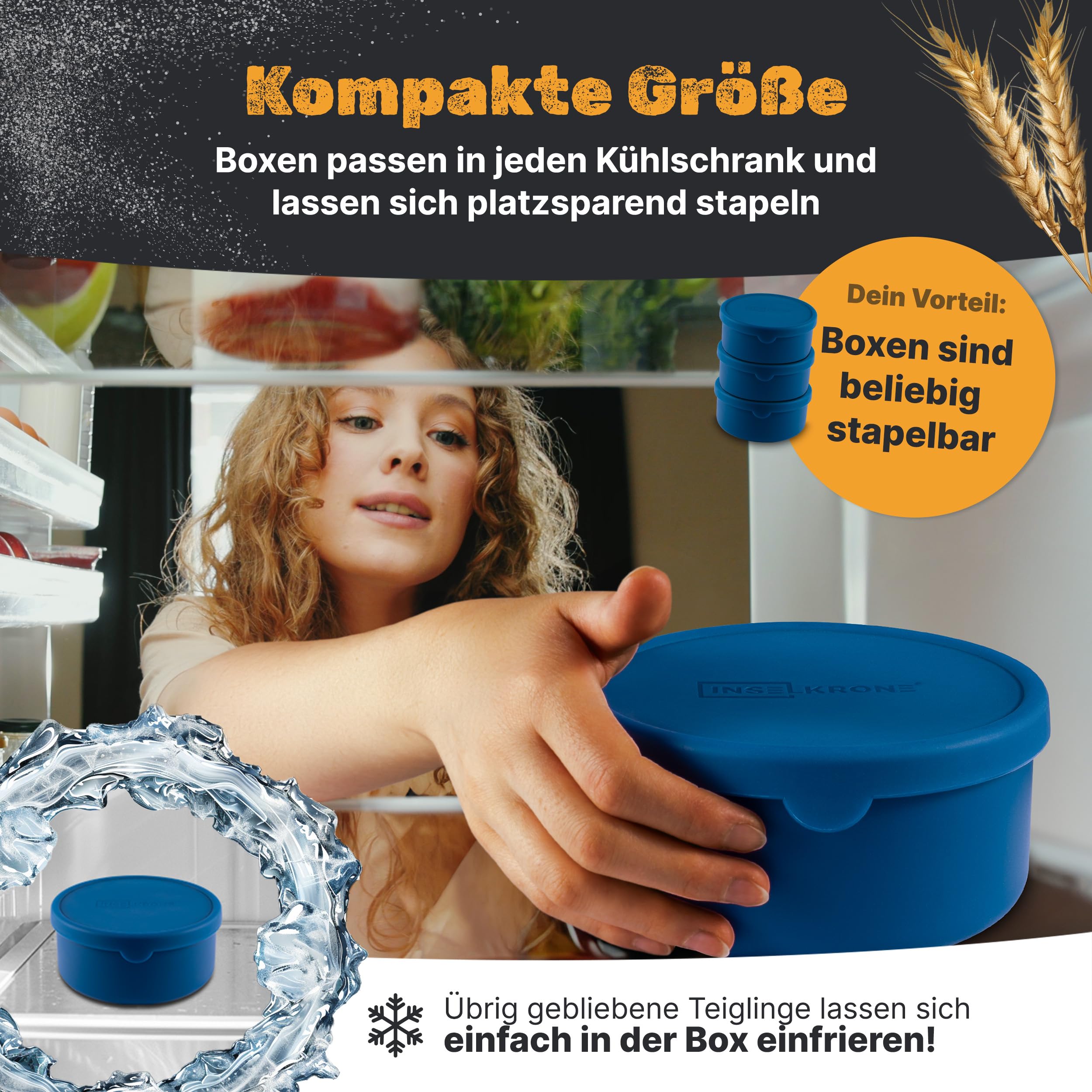 Scatola per pizza con coperchio, set da 4 pezzi, in silicone flessibile, fino a 350 g, con coperchio, traspirante, per pizza, per la fermentazione, colore blu, diametro 14 cm