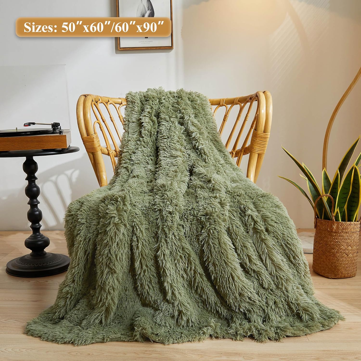 XeGe Luxury Faux Fur Blanket, Sage Green Soft Big Fluffy Throw, Shaggy Plush Decorative Couch Throw, Cute Furry Fuzzy Blanket for Bed Bedroom Living Room Sage Green, 60x90 - Image 2