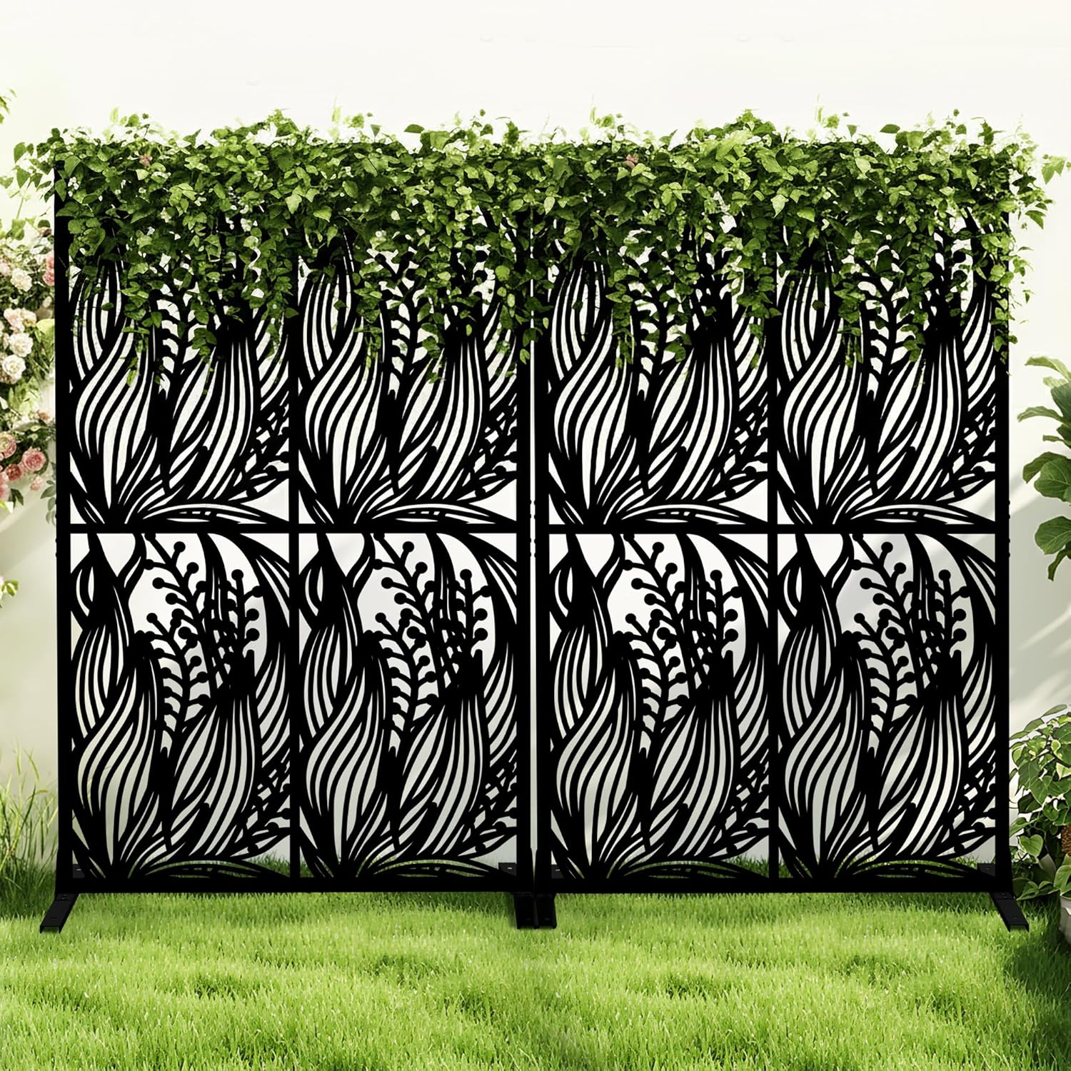 2 Pack Metal Privacy Screens 72" H Outdoor Privacy Screens Panels Outdoor and Indoor Leaf Pattern Divider for Balcony Patio Garden Room Divider(Black,2 Pack