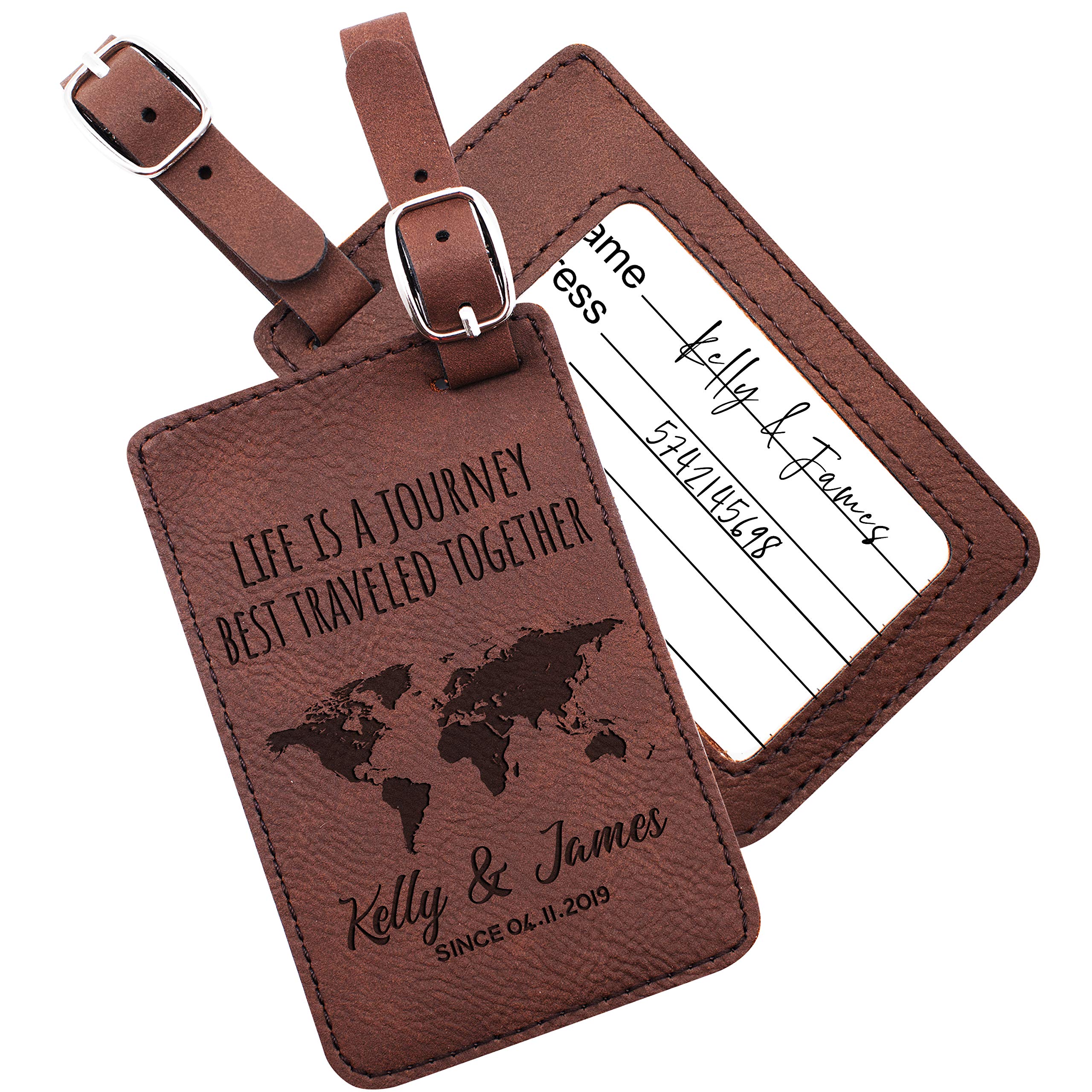Personalized Leather Luggage Tags Gifts with Engraved Design and Name - Traveler Gifts for Women, Men, Kids - Custom Suitcase Tag for Honeymoon -