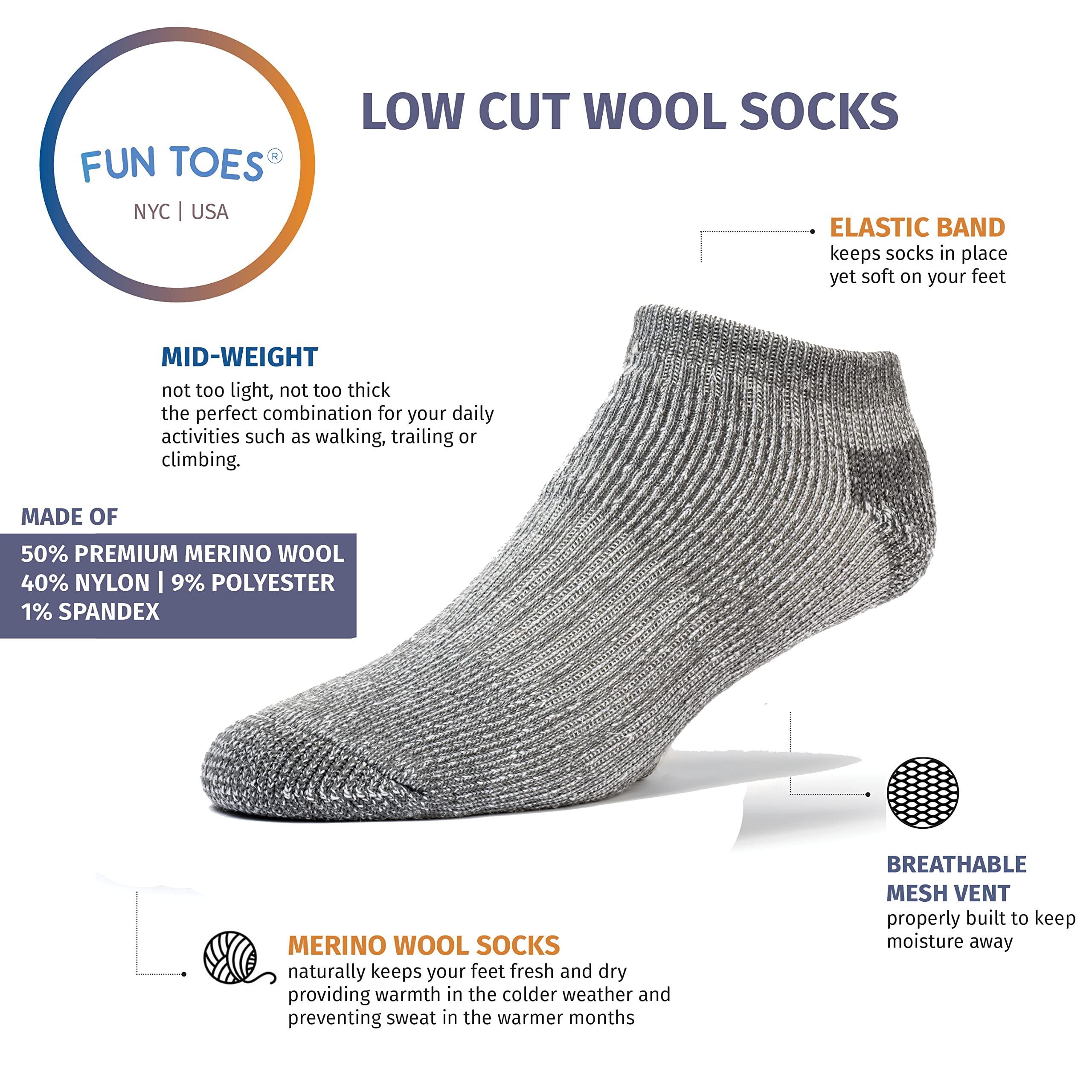 FUN TOES Calzini bassi da uomo in lana merino alla caviglia, per escursionismo, corsa, compressione dell'arco plantare, imbottiti, 6 paia