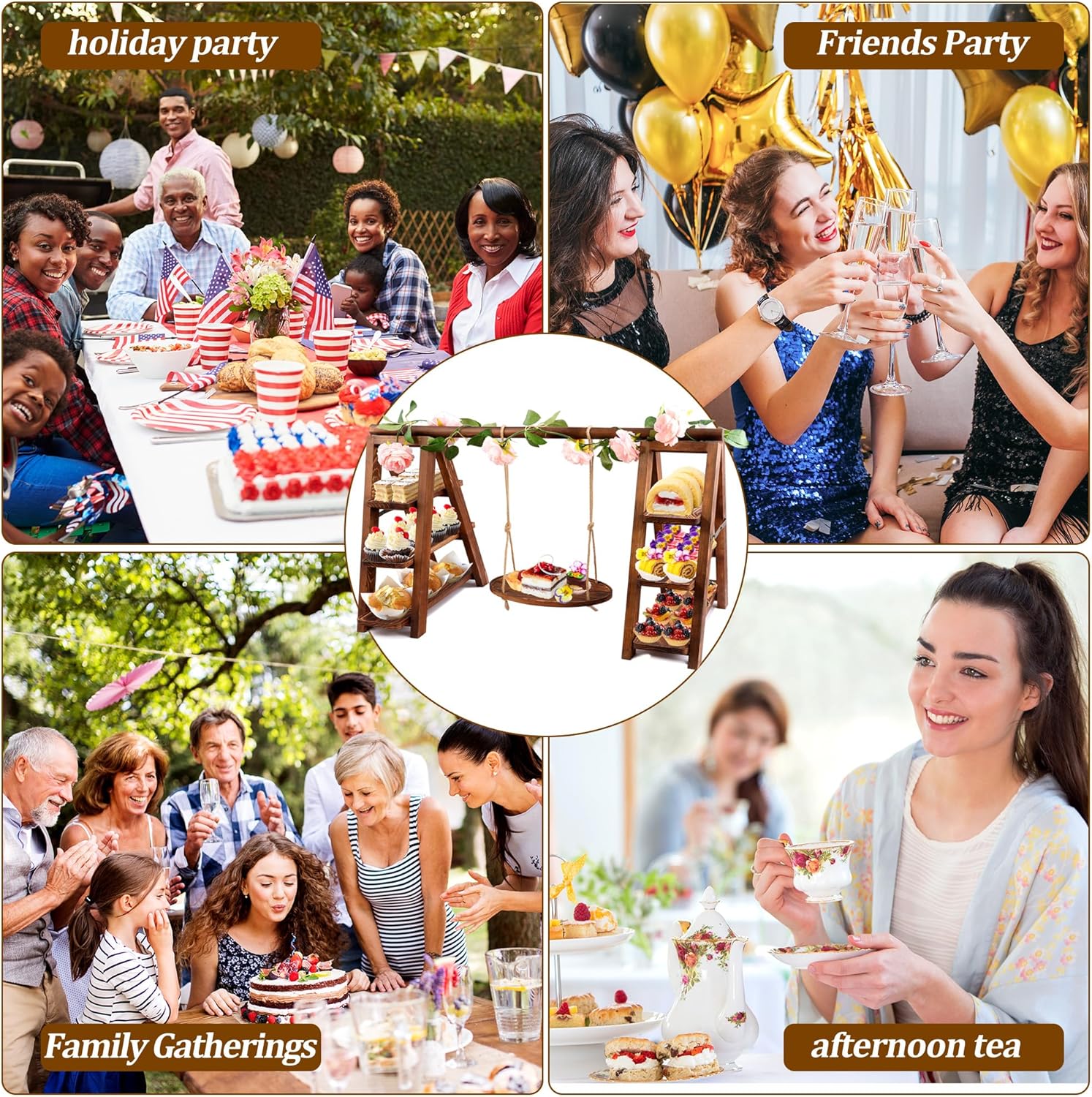 3 Tier Wooden Cupcake Stand with Swing and Flower Decoration, Large Dessert Stands with Serving Tray, Removable Trays, Foldable Ladder Food Display Set for Cake Snack Fruit Chips Bread Centerpieces (Dark Brown)