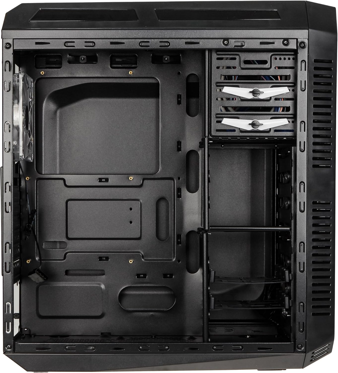 Indre view of the KOLINK Refractor Midi-Tower, showing the motherboard tray, CPU cutout, and cable routing holes.