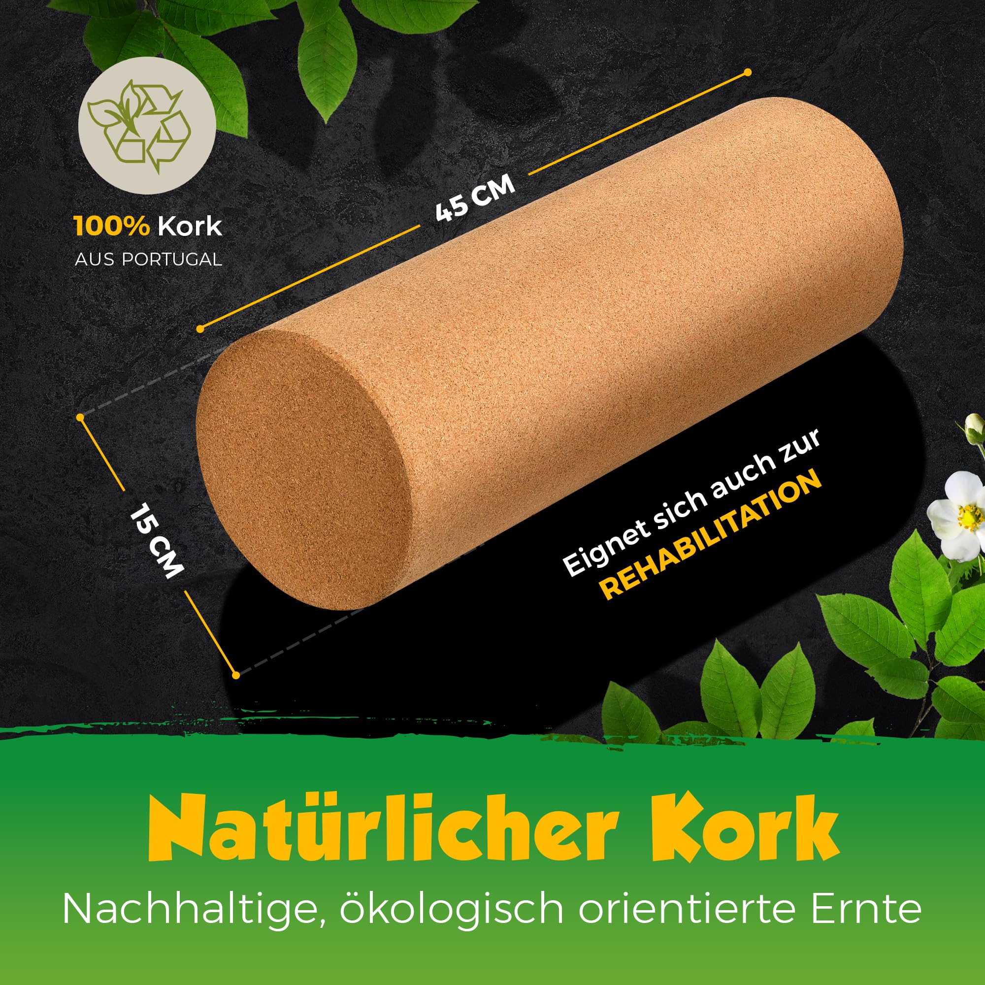 Faszienrolle aus Kork XL – Selbstmassage-Rolle für die Faszien – Fitnessrolle für Yoga Pilates Gymnastik Physiotherapie – Trainingsgerät zur Stärkung des Bindegewebes | 45 cm lang, Durchmesser 15 cm