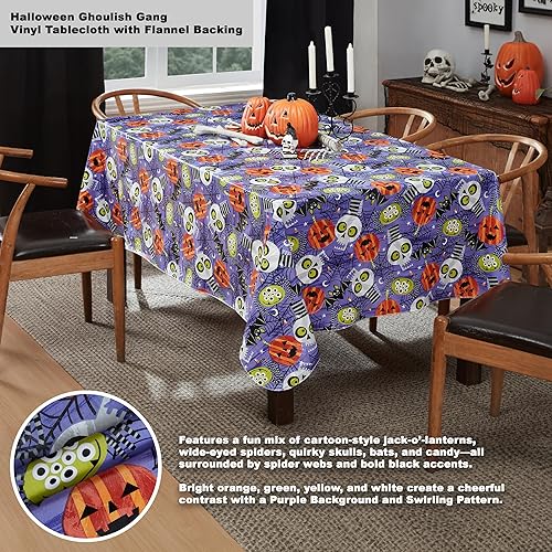 Miniatura 2 de Newbridge Ghoulish Gang - Mantel de vinilo con parte trasera de franela de Halloween, diseño de calaveras y murciélagos espeluznantes con reverso de