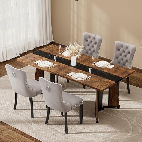 Miniatura 20 de Juego de mesa de comedor de 7 piezas con 6 sillas, mesa de comedor rectangular de madera de 71 pulgadas con sillas de comedor de terciopelo, tablero