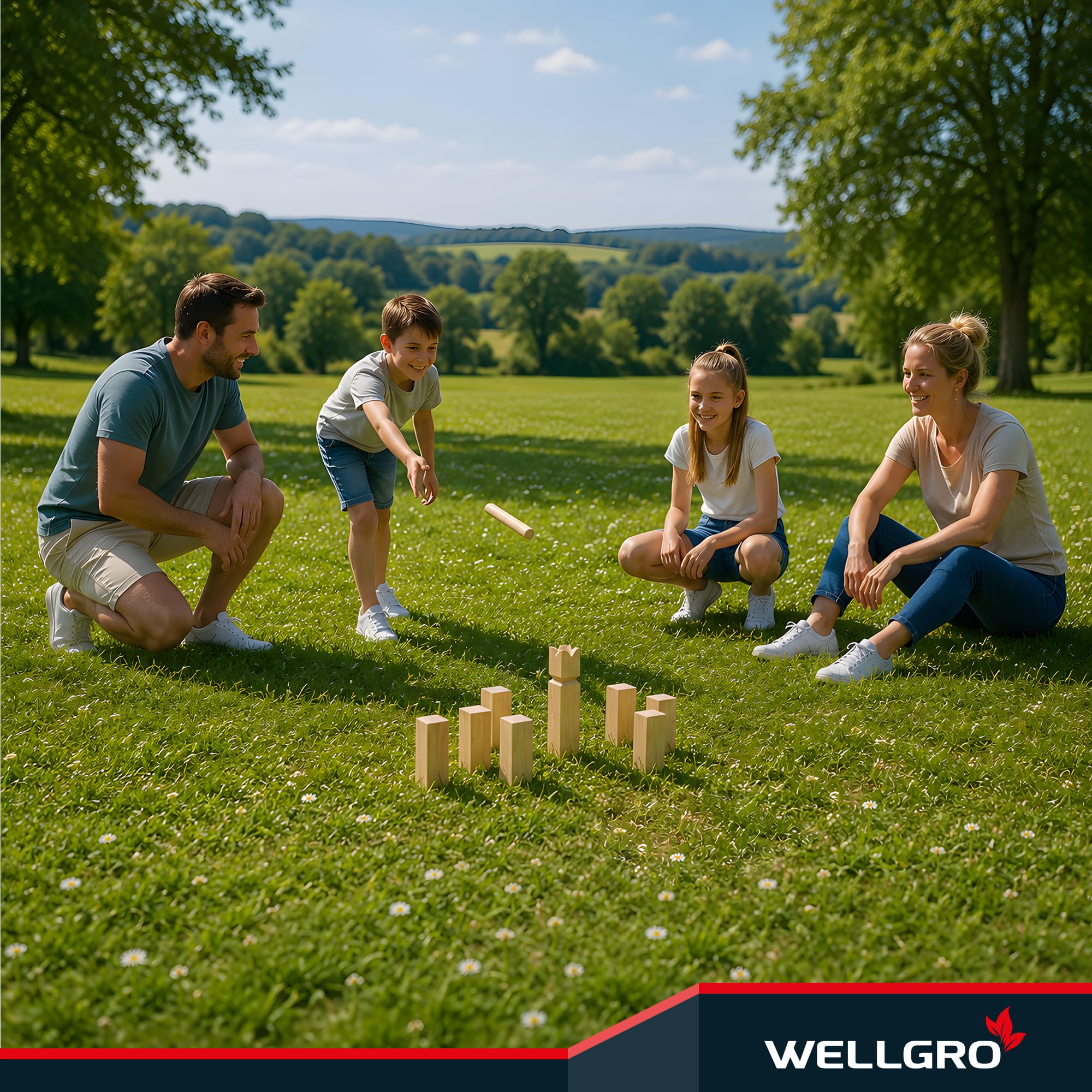 WELLGRO Kubb Spiel aus Holz für 2-12 Spieler – Schwedenschach mit Naturholz König, Netzbeutel & Anleitung, Wikinger Schach Outdoor