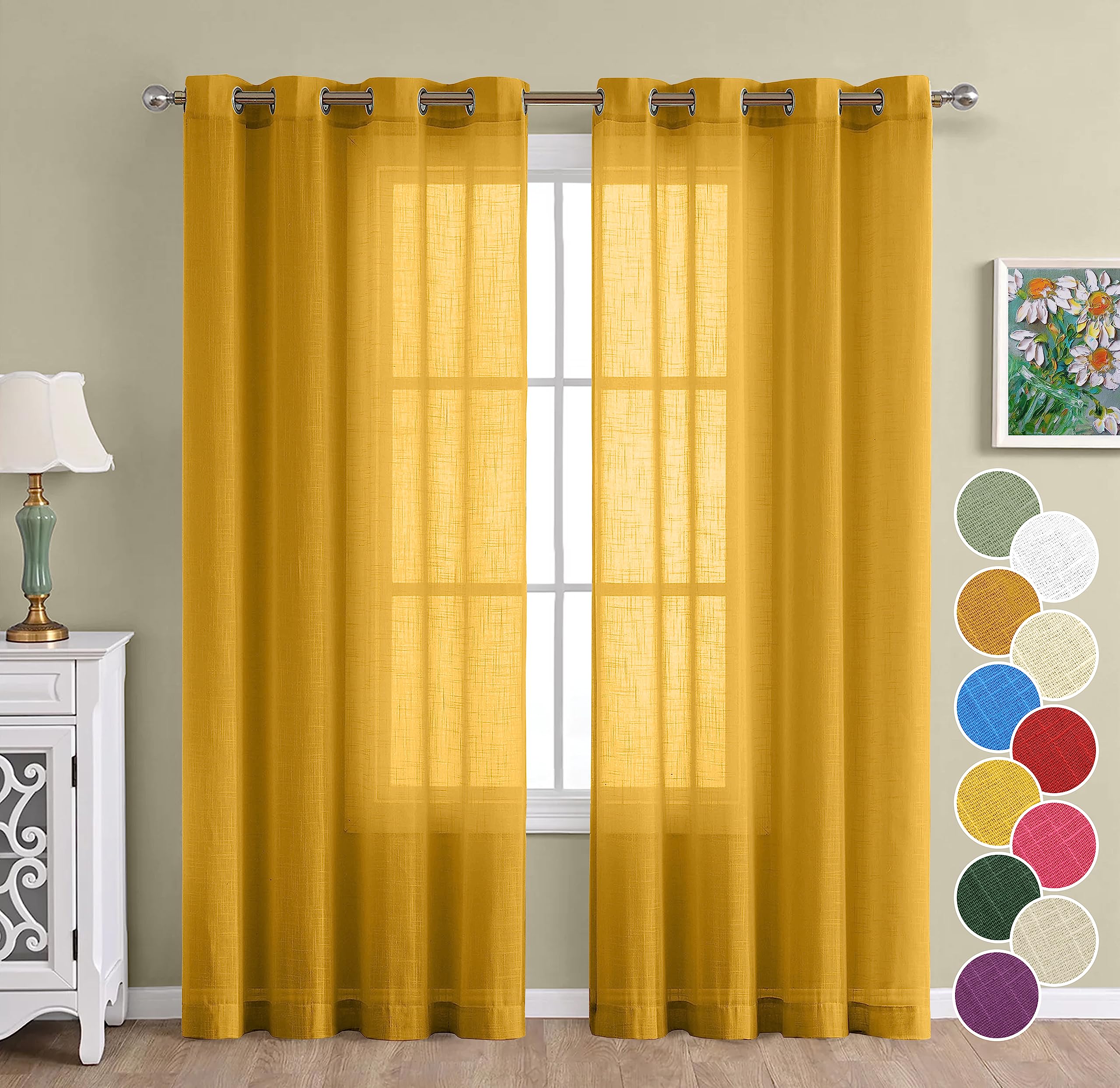 THE LINEN COMPANY Cotton Linen Solid Long Door Curtain Set with Steel Eyelet Rings- 4.5 x 8 Feet (Pack of 2 -Mustard) | Sheer Curtain